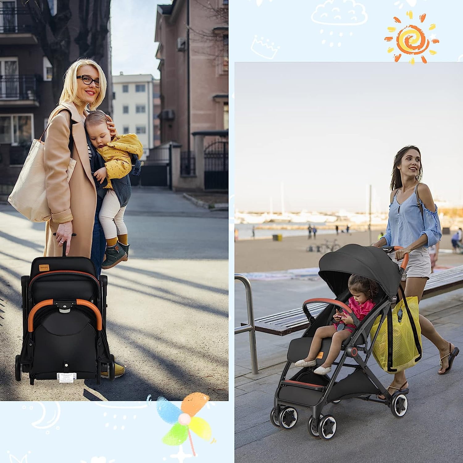 INFANS Lightweight Baby Stroller, Compact Stroller with One-Hand Fold, Travel Stroller for Airplane with Cup Holder, 5-Point Harness, Foot Cover, Canopy, Infant Stroller for 0-36 Month (Black) - Image 5