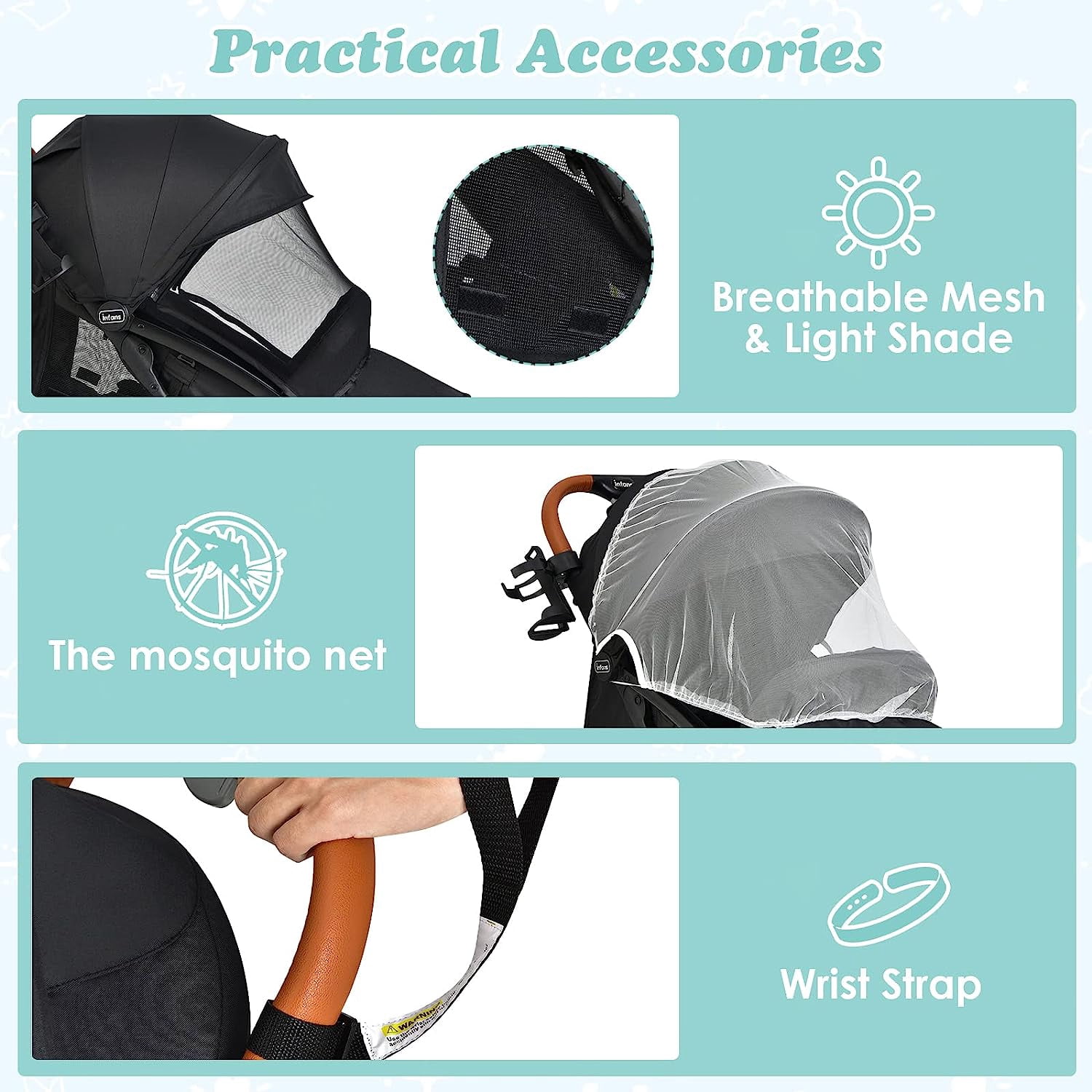 INFANS Lightweight Baby Stroller, Compact Stroller with One-Hand Fold, Travel Stroller for Airplane with Cup Holder, 5-Point Harness, Foot Cover, Canopy, Infant Stroller for 0-36 Month (Black) - Image 2