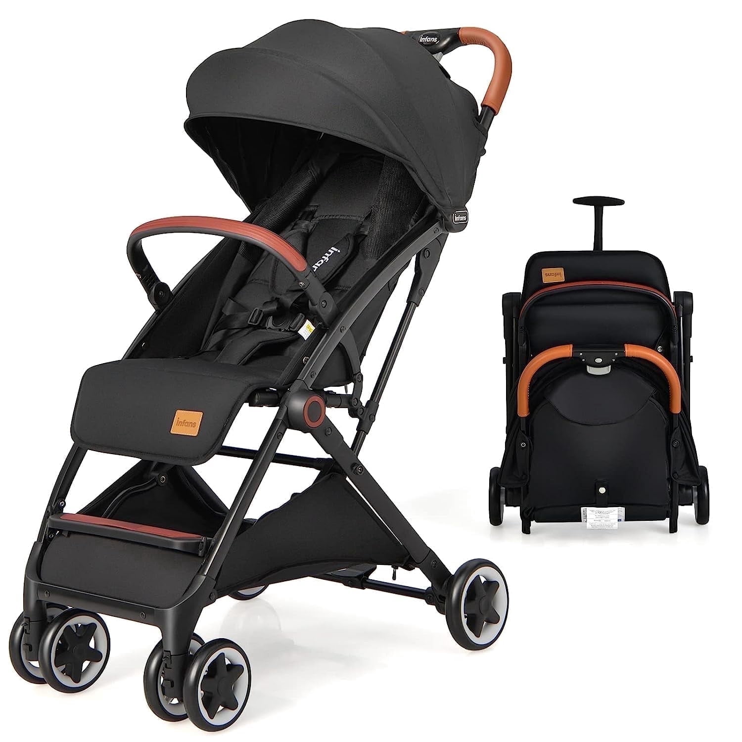 INFANS Lightweight Baby Stroller, Compact Stroller with One-Hand Fold, Travel Stroller for Airplane with Cup Holder, 5-Point Harness, Foot Cover, Canopy, Infant Stroller for 0-36 Month (Black)