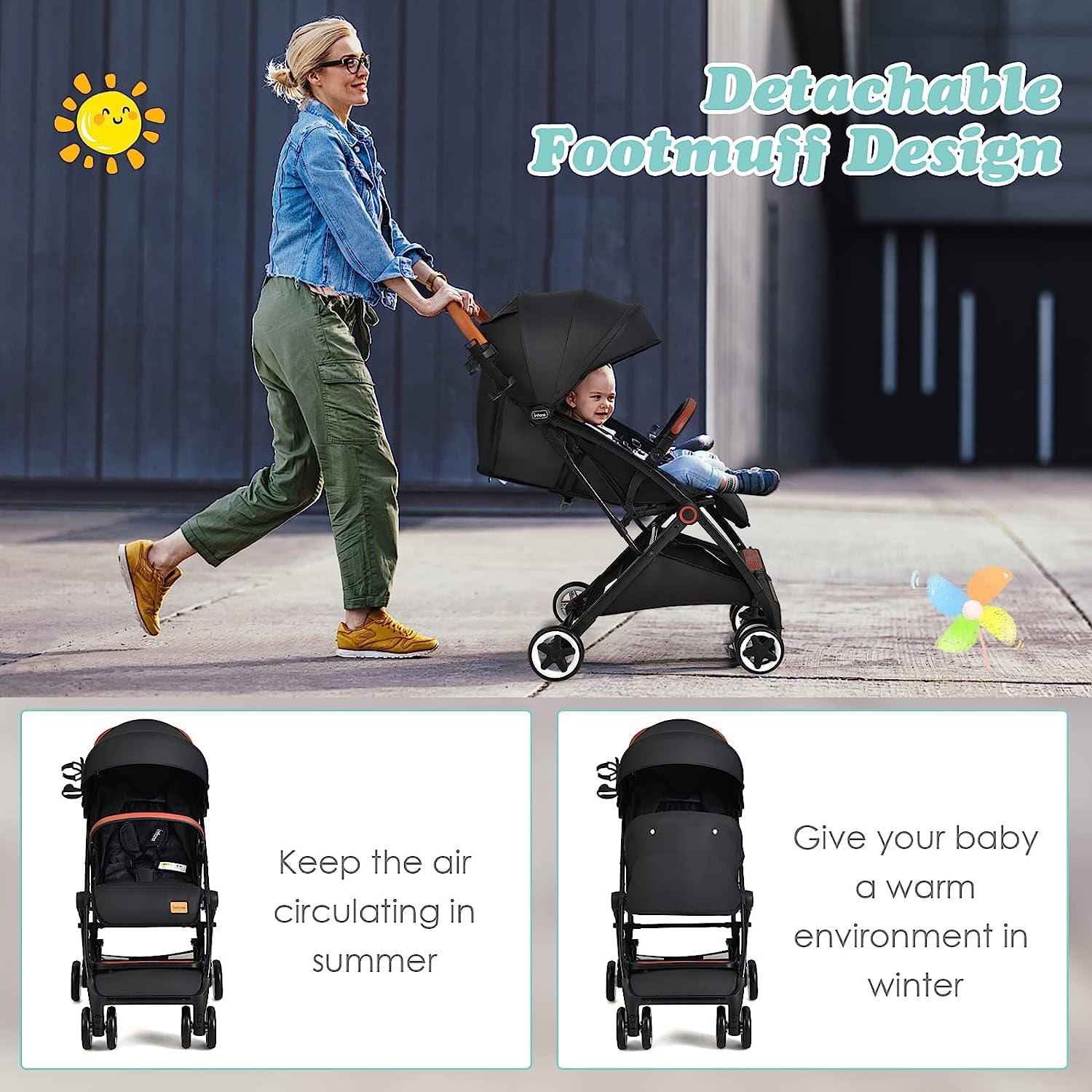INFANS Lightweight Baby Stroller, Compact Stroller with One-Hand Fold, Travel Stroller for Airplane with Cup Holder, 5-Point Harness, Foot Cover, Canopy, Infant Stroller for 0-36 Month (Black) - Image 3