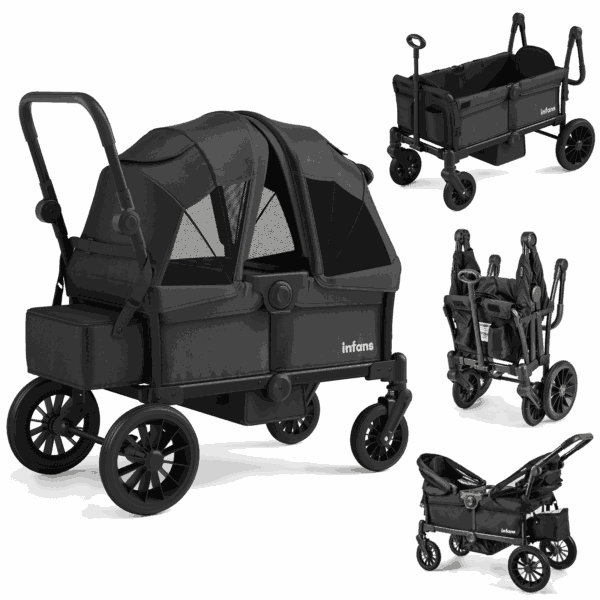 INFANS Wagon Stroller for 2 Kids, Collapsible Adjustable Push Pull Handle Bar, 2 Seater Stroller Wagon with Removable Canopy Snack Tray, Comfortable Drop-Down footwell and Upholstered Seats