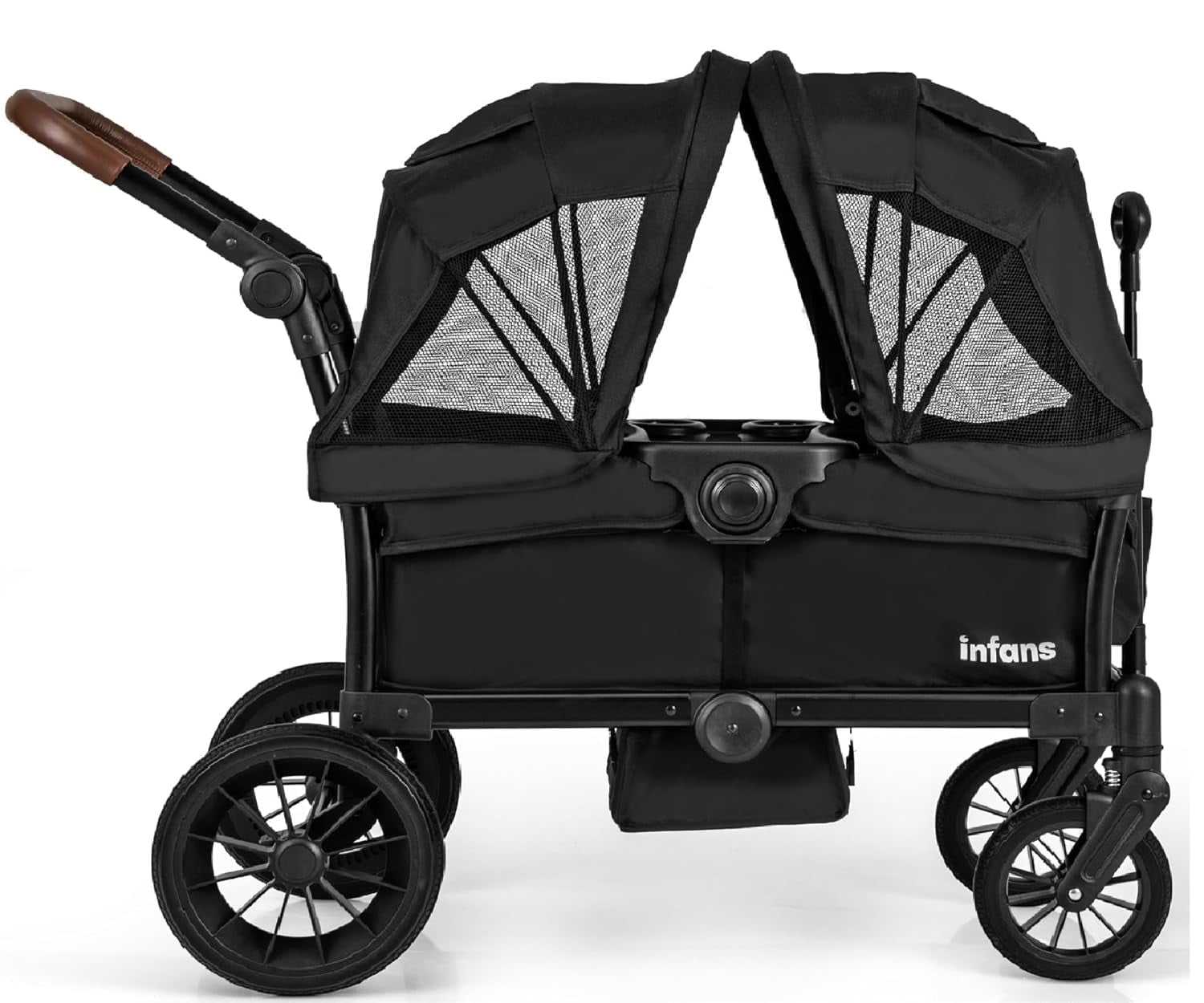 INFANS Wagon Stroller for 2 Kids, Collapsible Adjustable Push Pull Handle Bar, 2 Seater Stroller Wagon with Removable Canopy Snack Tray, Comfortable Drop-Down footwell and Upholstered Seats - Image 3