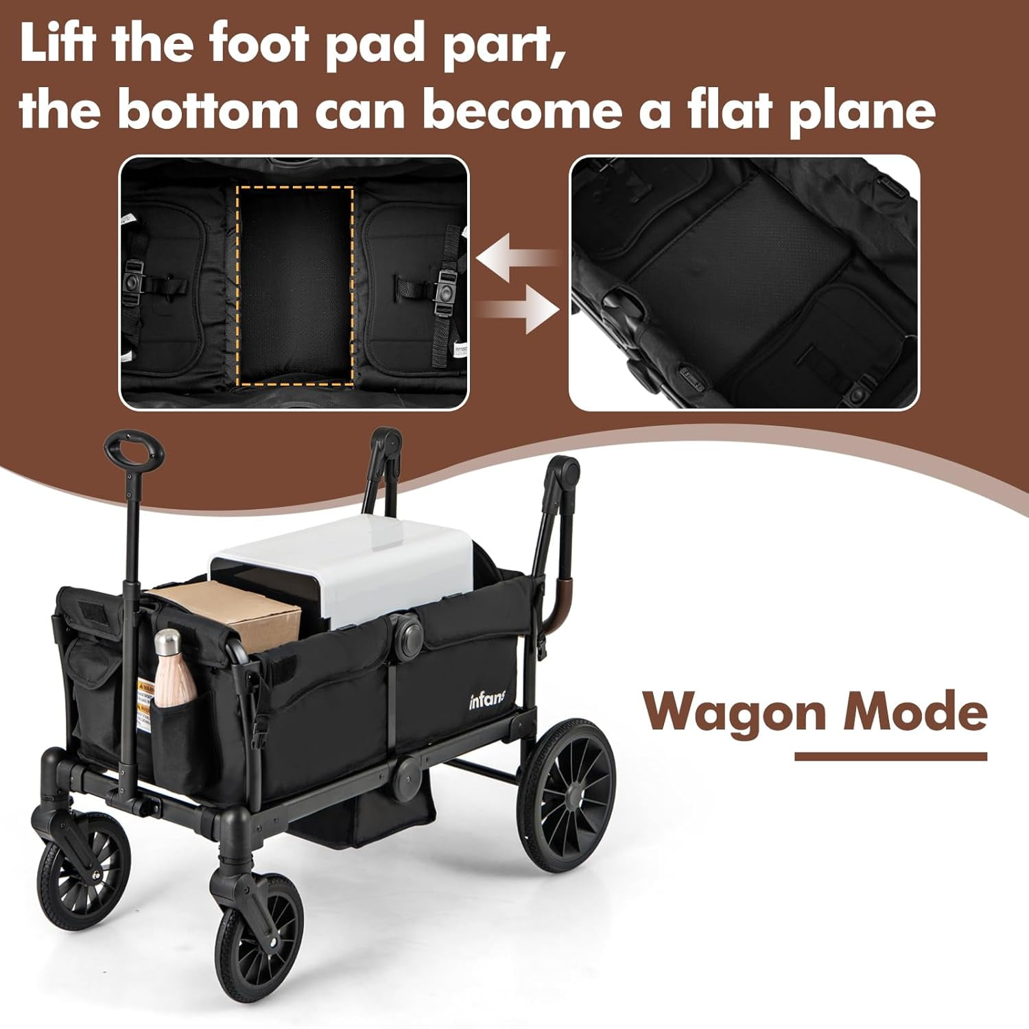 INFANS Wagon Stroller for 2 Kids, Collapsible Adjustable Push Pull Handle Bar, 2 Seater Stroller Wagon with Removable Canopy Snack Tray, Comfortable Drop-Down footwell and Upholstered Seats - Image 2