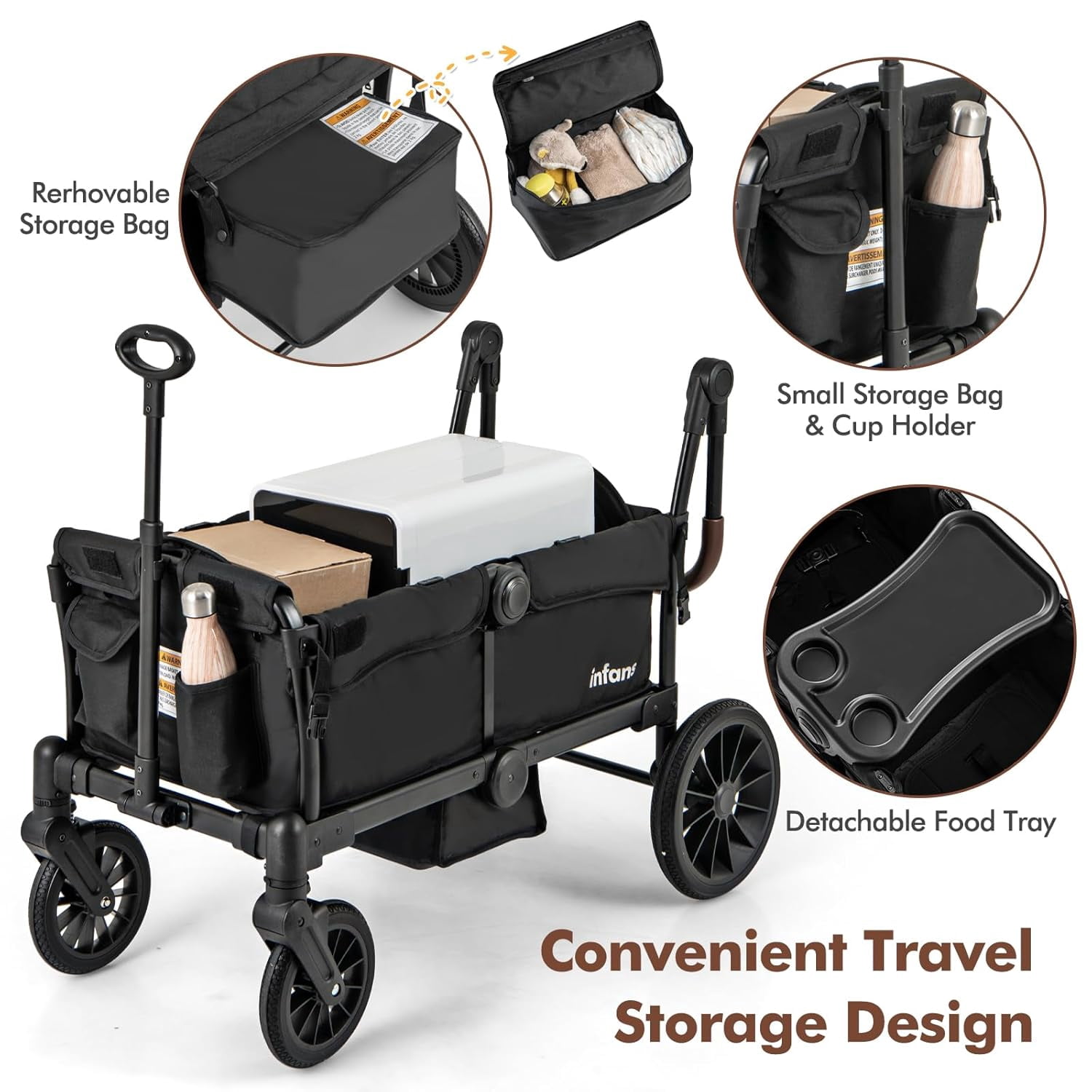 INFANS Wagon Stroller for 2 Kids, Collapsible Adjustable Push Pull Handle Bar, 2 Seater Stroller Wagon with Removable Canopy Snack Tray, Comfortable Drop-Down footwell and Upholstered Seats - Image 5