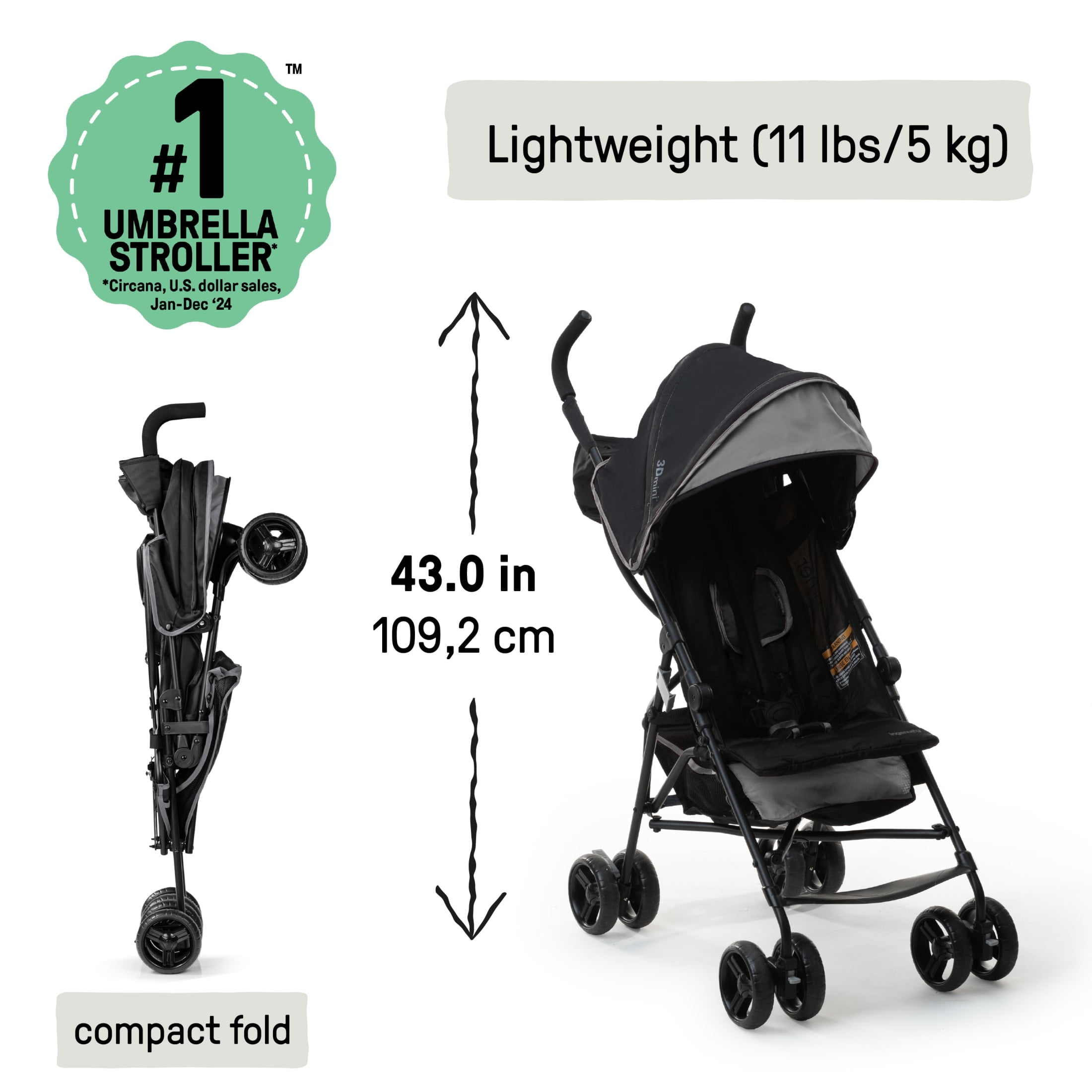 Ingenuity 3D Mini Convenience Stroller - Lightweight Stroller with Compact Fold, Multi- Position Recline, Canopy with Pop Out Sun Visor - Umbrella Stroller for Travel and More, Grey - Image 3