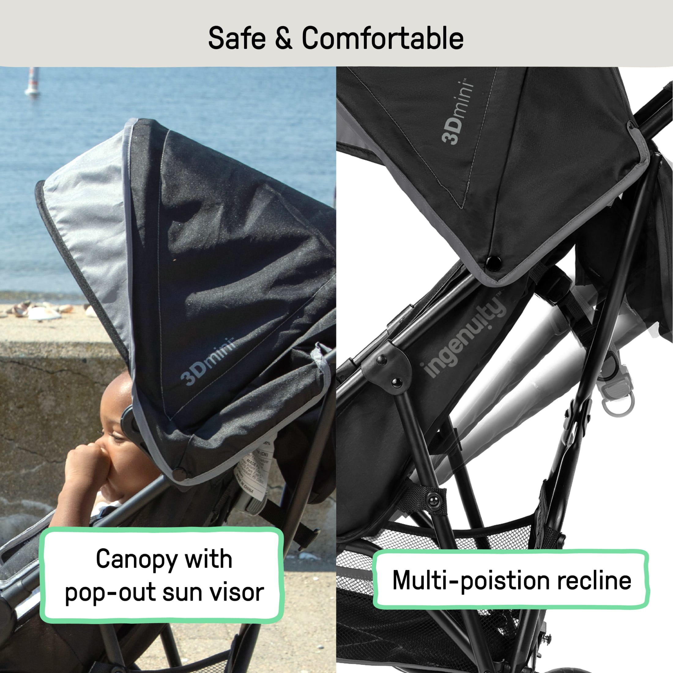 Ingenuity 3D Mini Convenience Stroller - Lightweight Stroller with Compact Fold, Multi- Position Recline, Canopy with Pop Out Sun Visor - Umbrella Stroller for Travel and More, Grey - Image 2