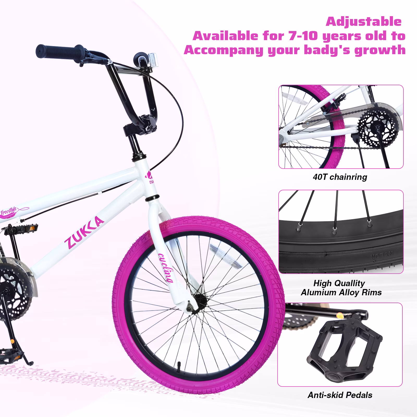 iRerts 20 inch Freestyle Kids Bike, Single Speed Bicycle for Boys Girls Aged 7-10 Years Old, Fits Height 48"-61", Pink - Image 3