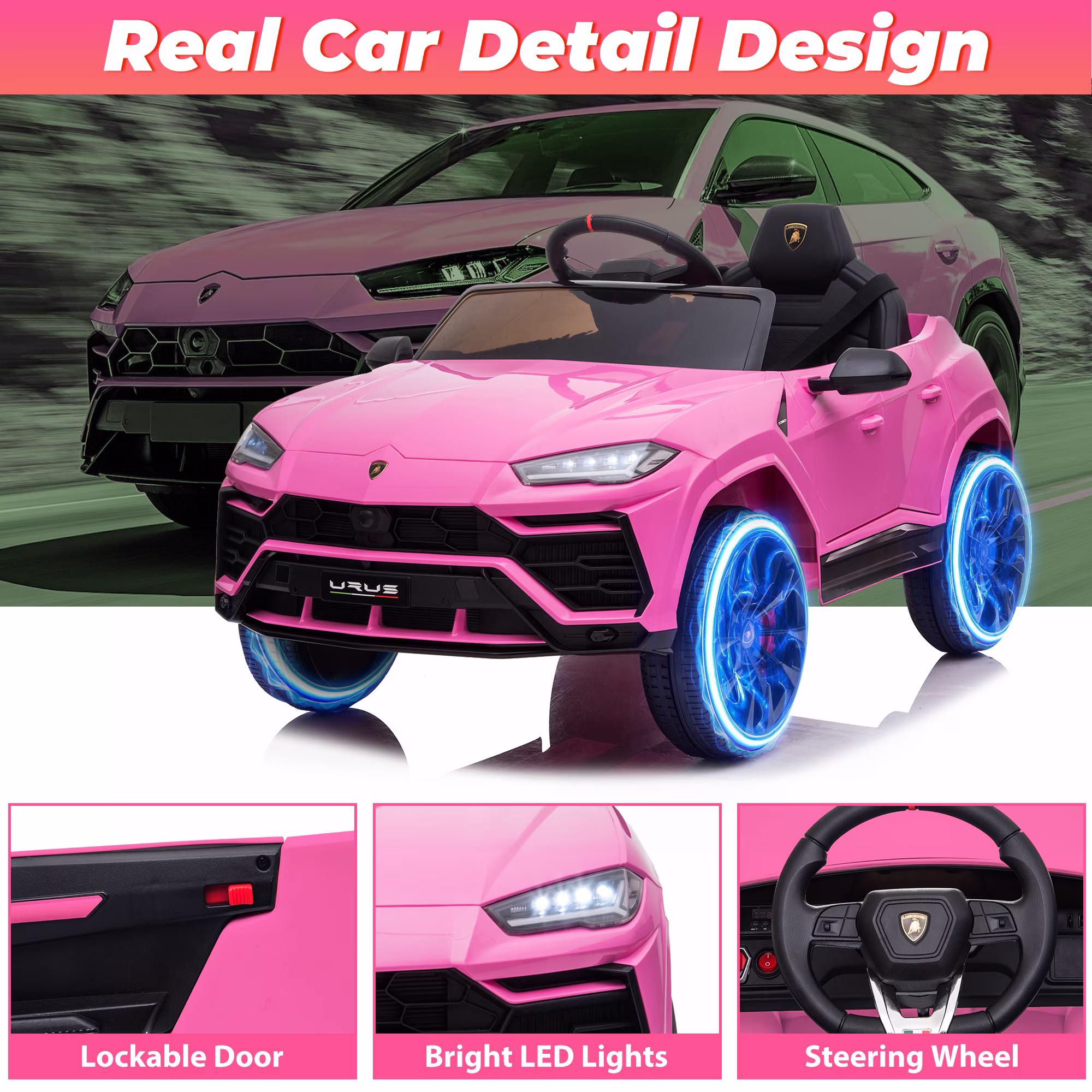 iYofe 12V Lamborghini Ride on Cars with Remote Control, Powered Ride on Toys with Music, USB/AUX Ports, LED Lights, 3 Speeds, 4 Wheels Electric Cars for Kids Toddlers Ages 3-5, Pink - Image 4