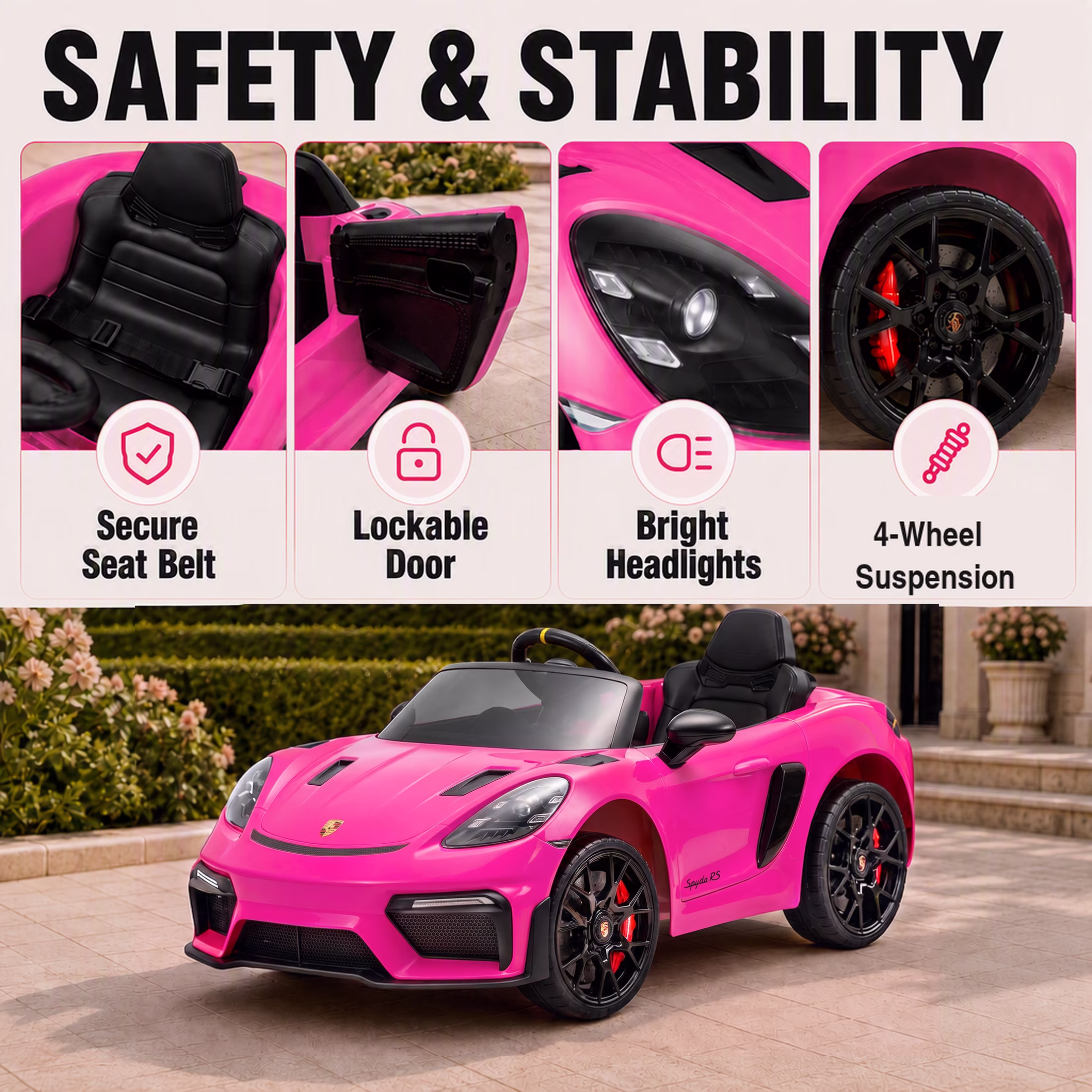 iYofe 12V Licensed Porsche 718 Powered Ride on Car, Toddlers Electric Car with Remote, 4 Wheels Suspension, Ride on Toy for Kids Ages 3-6, Pink - Image 2