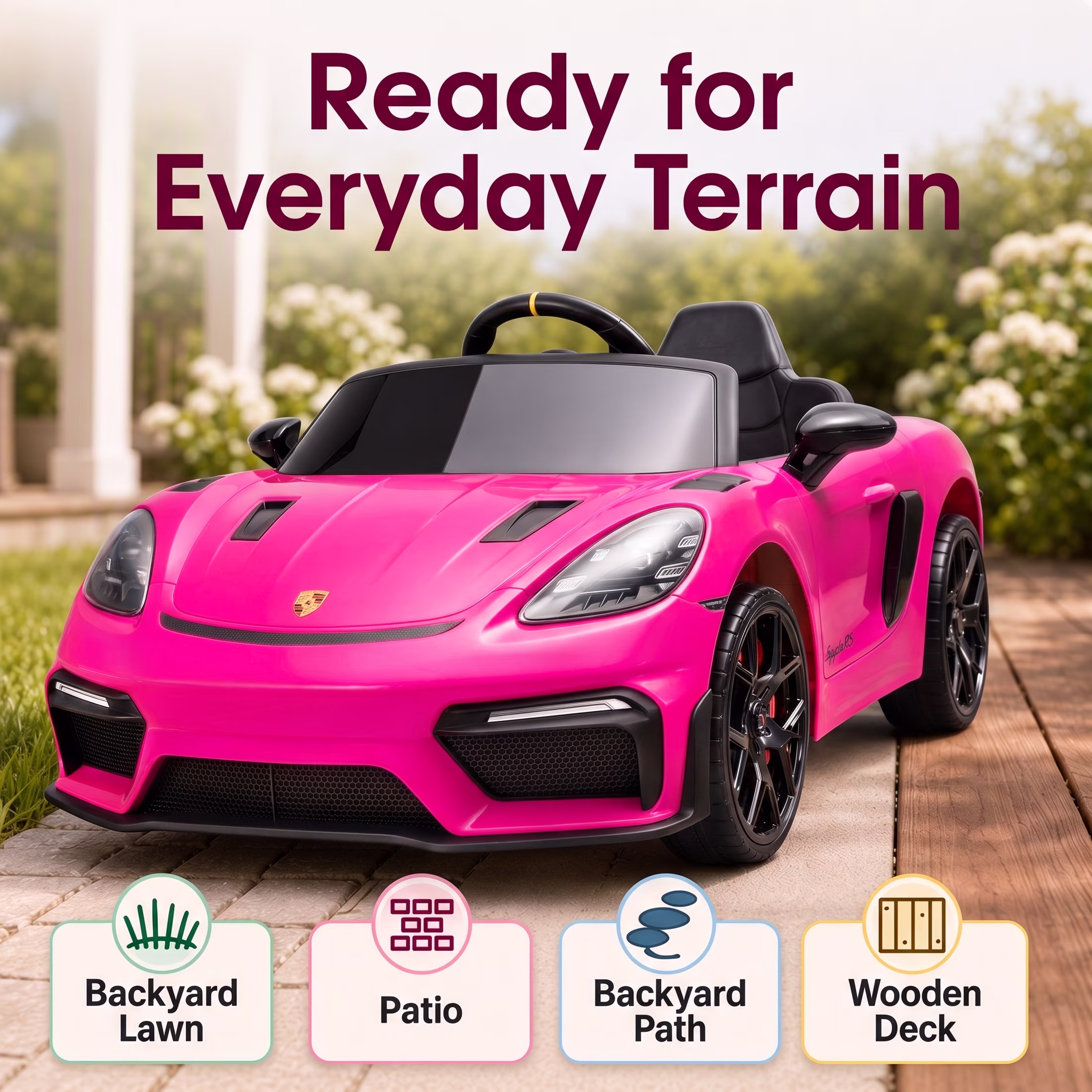 iYofe 12V Licensed Porsche 718 Powered Ride on Car, Toddlers Electric Car with Remote, 4 Wheels Suspension, Ride on Toy for Kids Ages 3-6, Pink - Image 4