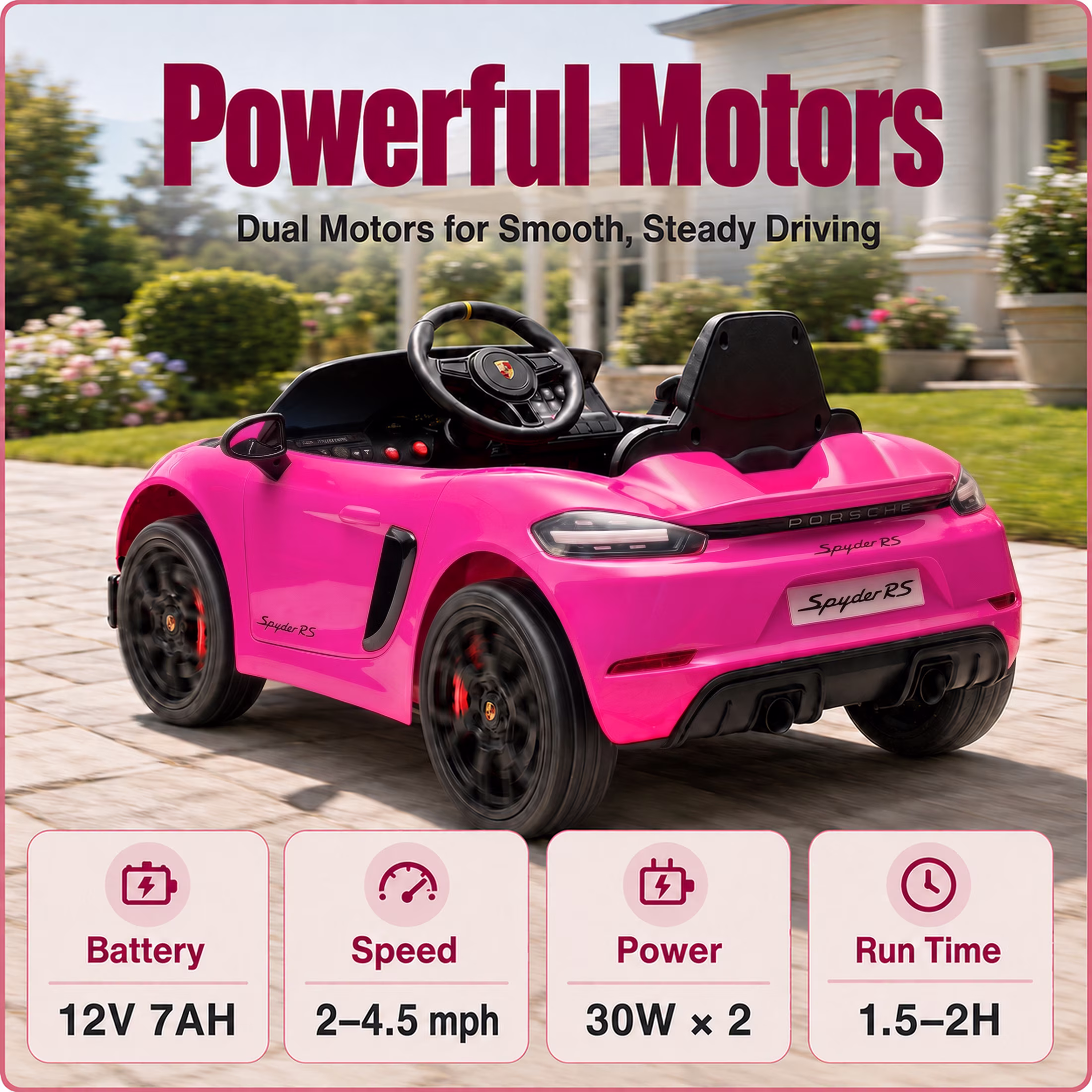 iYofe 12V Licensed Porsche 718 Powered Ride on Car, Toddlers Electric Car with Remote, 4 Wheels Suspension, Ride on Toy for Kids Ages 3-6, Pink - Image 3