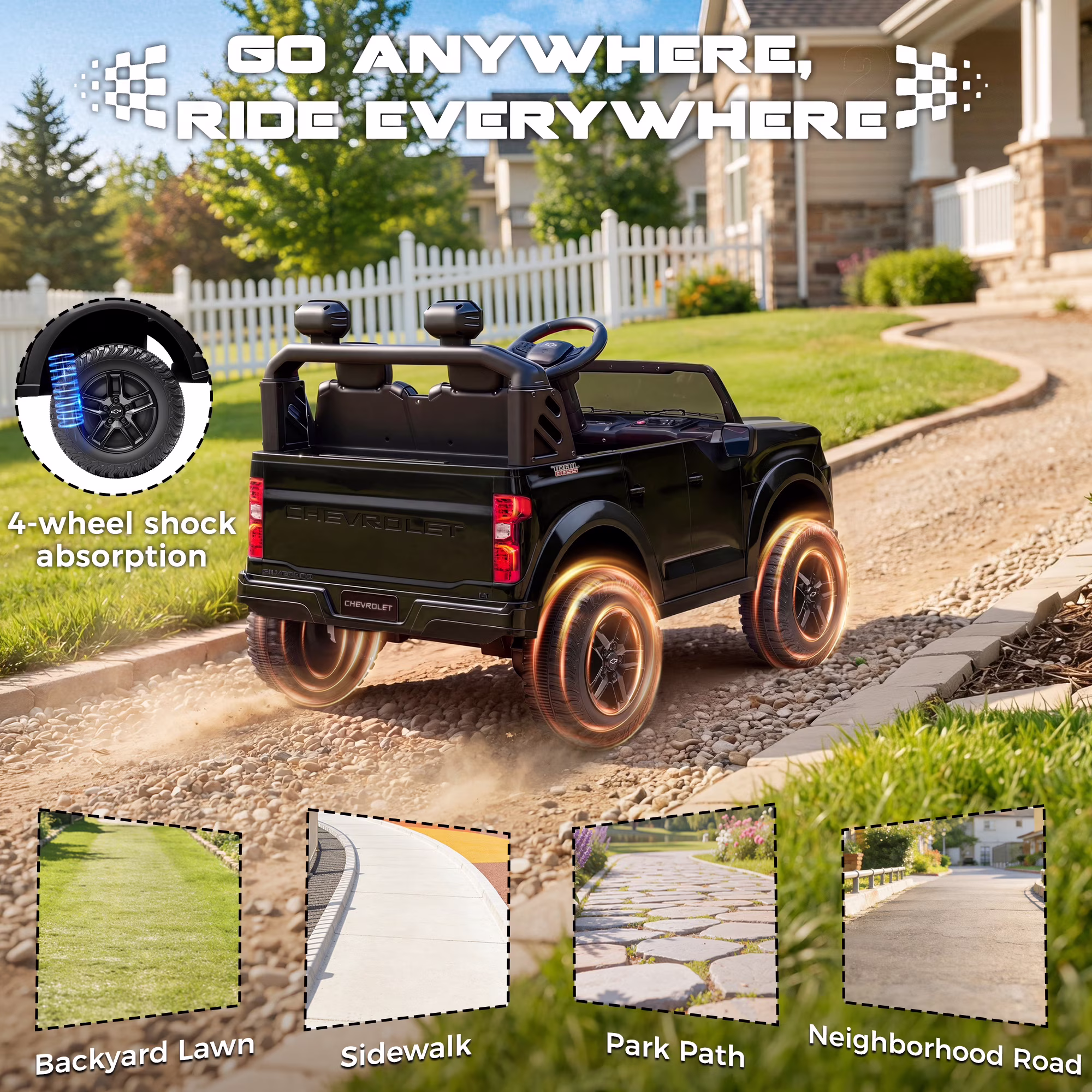 iYofe 24V 2 Seater Licensed Chevrolet Silverado Powered Ride on Truck, Kids Electric Car with Remote, 4 Wheels Spring Suspension, Ages 3-8, Black - Image 2