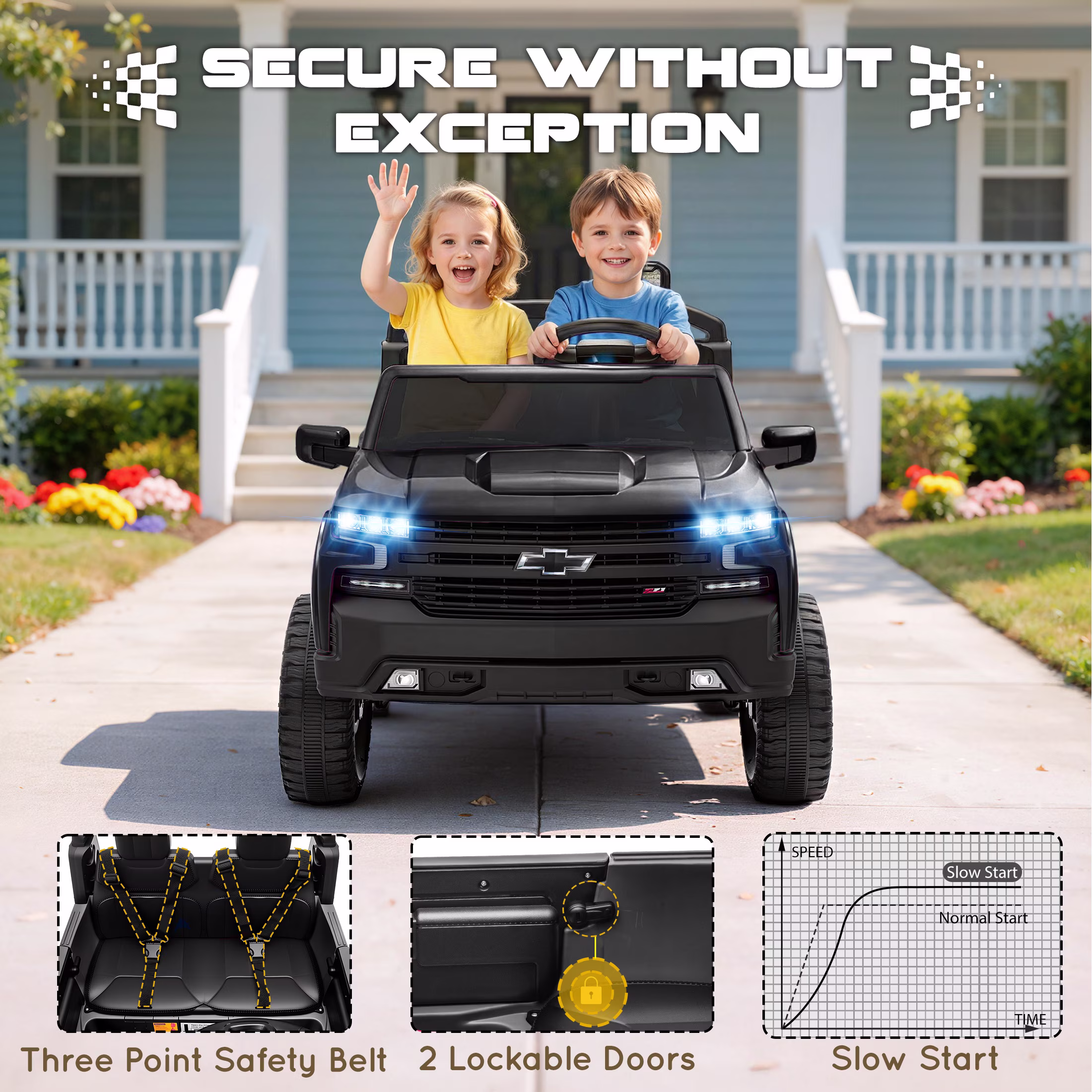 iYofe 24V 2 Seater Licensed Chevrolet Silverado Powered Ride on Truck, Kids Electric Car with Remote, 4 Wheels Spring Suspension, Ages 3-8, Black - Image 3