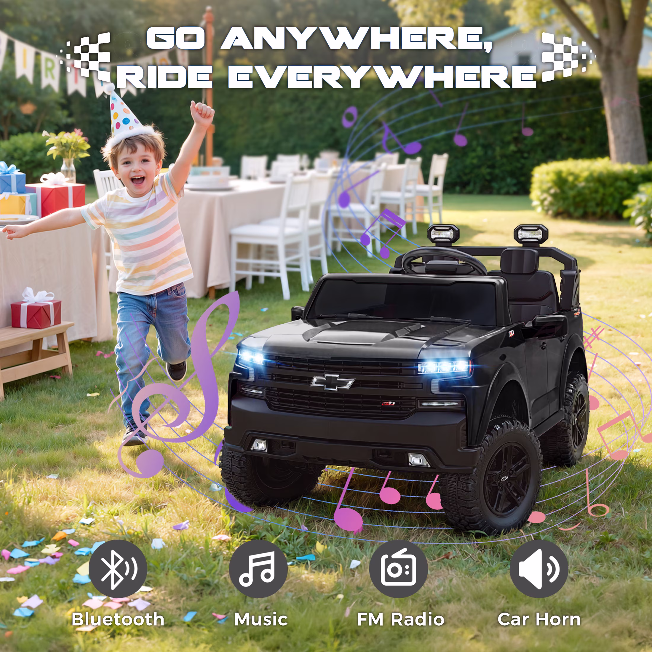 iYofe 24V 2 Seater Licensed Chevrolet Silverado Powered Ride on Truck, Kids Electric Car with Remote, 4 Wheels Spring Suspension, Ages 3-8, Black - Image 4