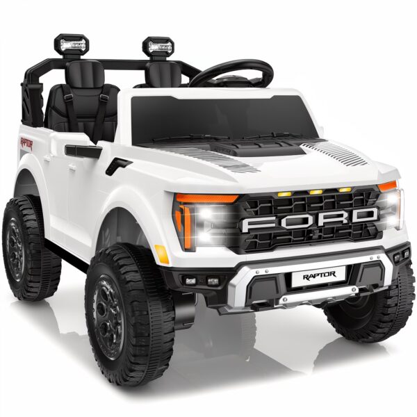 iYofe 24V 2 Seater Licensed Ford F150 Raptor Powered Ride on Truck with Remote, Safety Belt, White