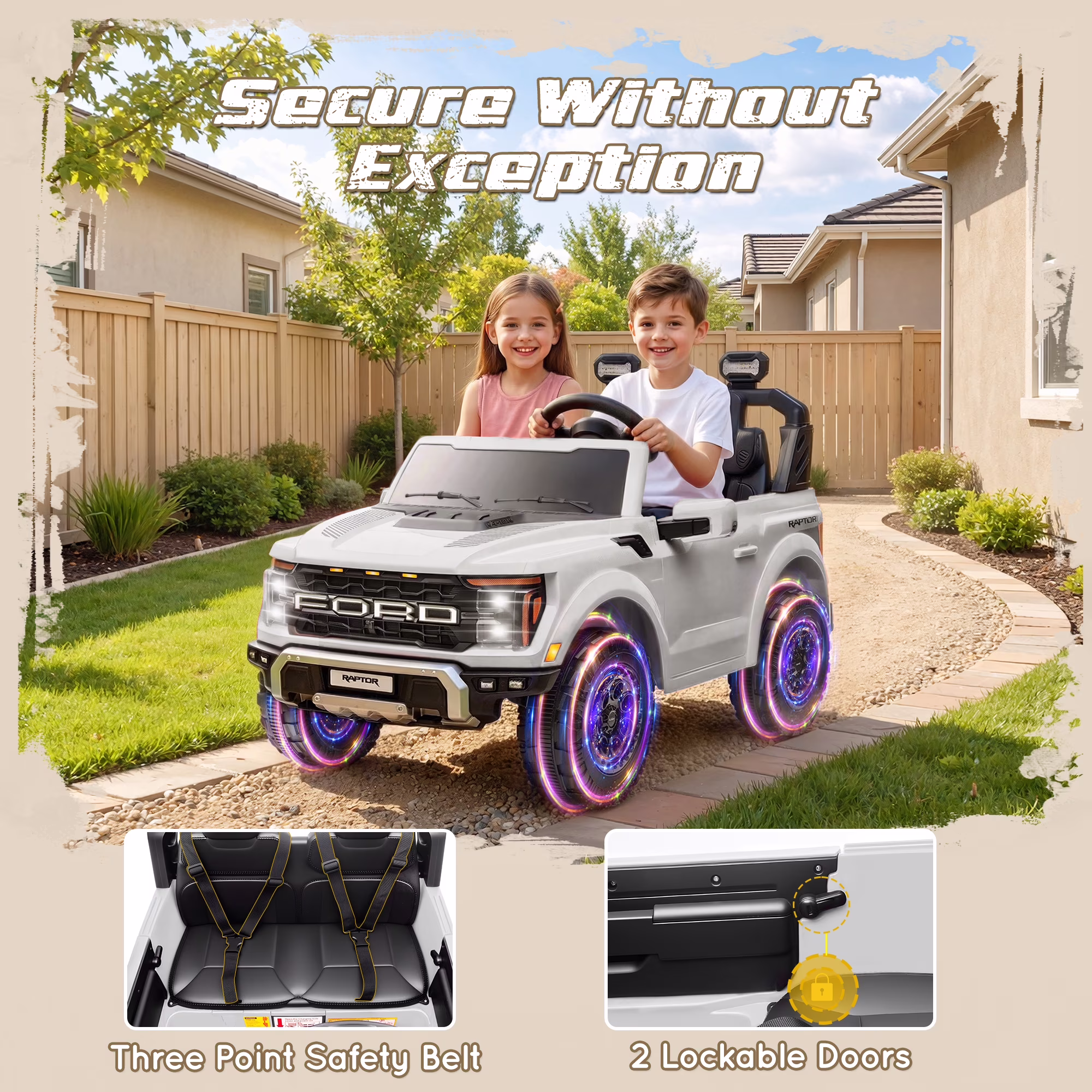 iYofe 24V 2 Seater Licensed Ford F150 Raptor Powered Ride on Truck with Remote, Safety Belt, White - Image 2