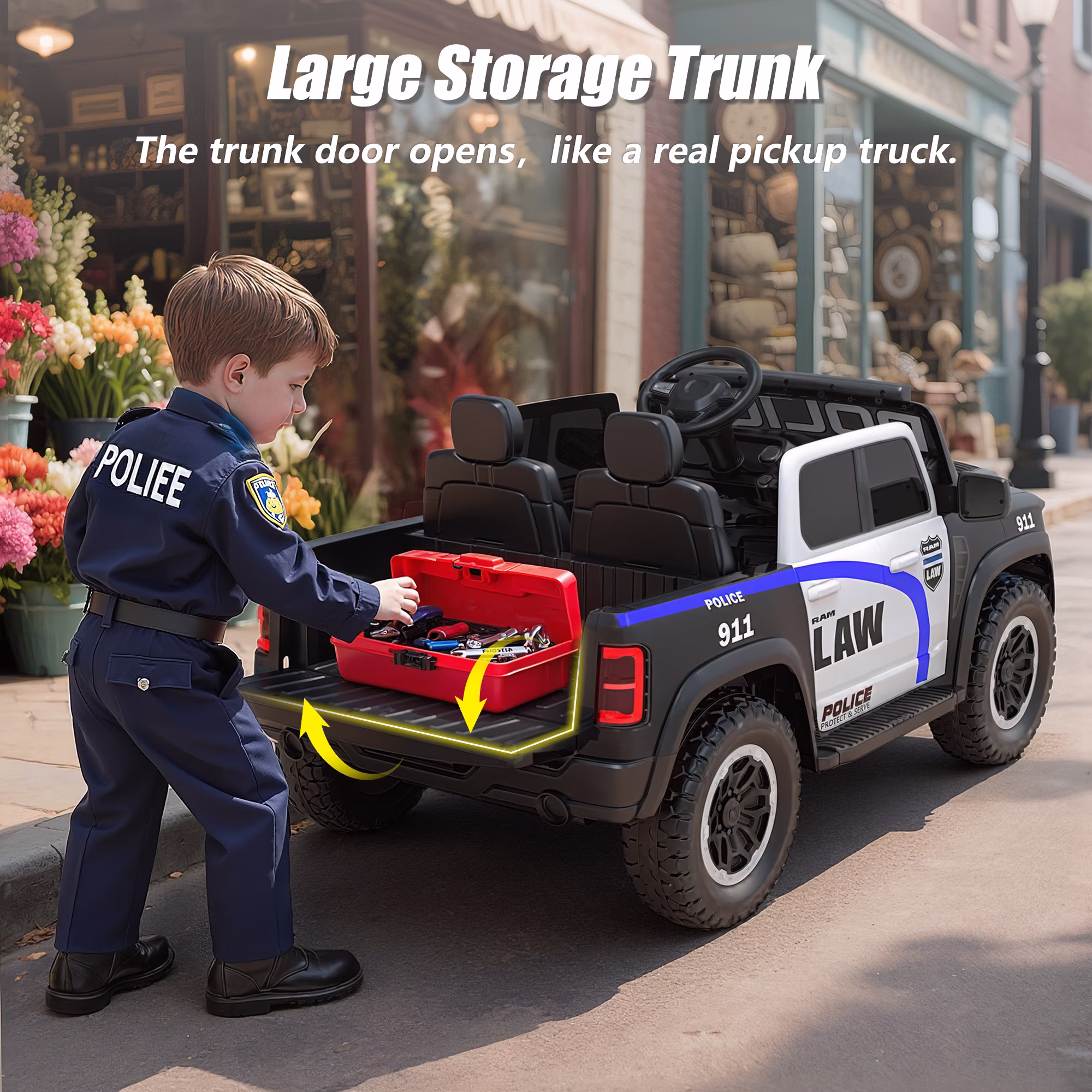 iYofe 24V 2 Seater Ram Powered Ride on Police Car with Remote Control and Bluetooth, Ram 1500 RHO Electric Car for Kids Toddlers 3-8, Black - Image 2