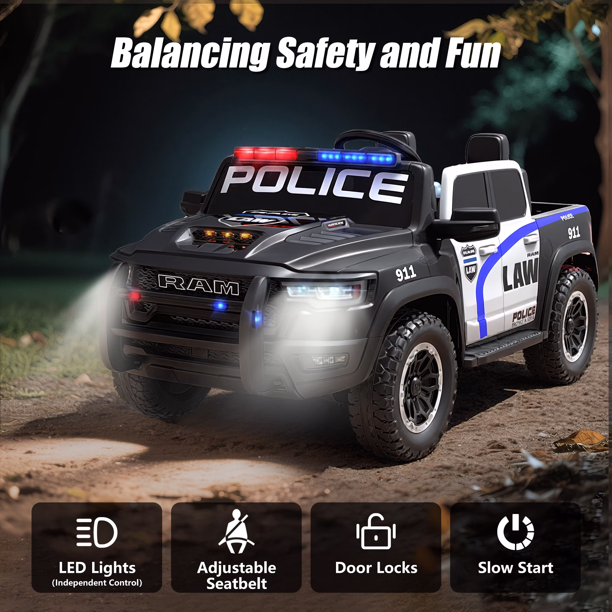 iYofe 24V 2 Seater Ram Powered Ride on Police Car with Remote Control and Bluetooth, Ram 1500 RHO Electric Car for Kids Toddlers 3-8, Black - Image 3