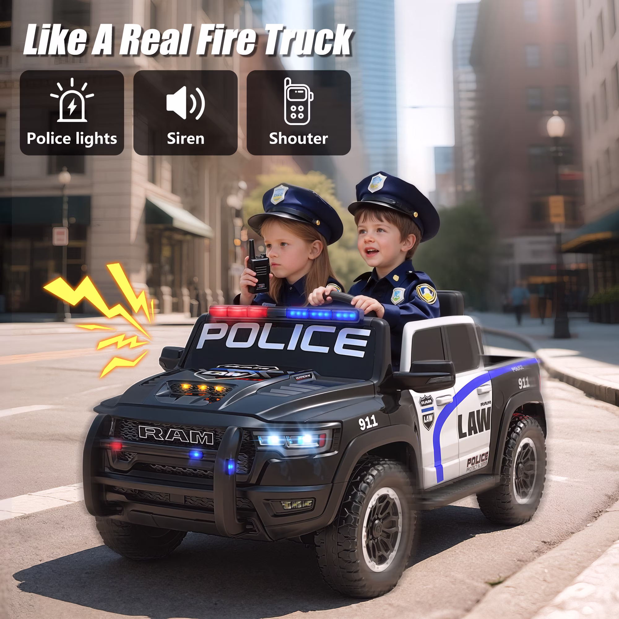 iYofe 24V 2 Seater Ram Powered Ride on Police Car with Remote Control and Bluetooth, Ram 1500 RHO Electric Car for Kids Toddlers 3-8, Black - Image 5
