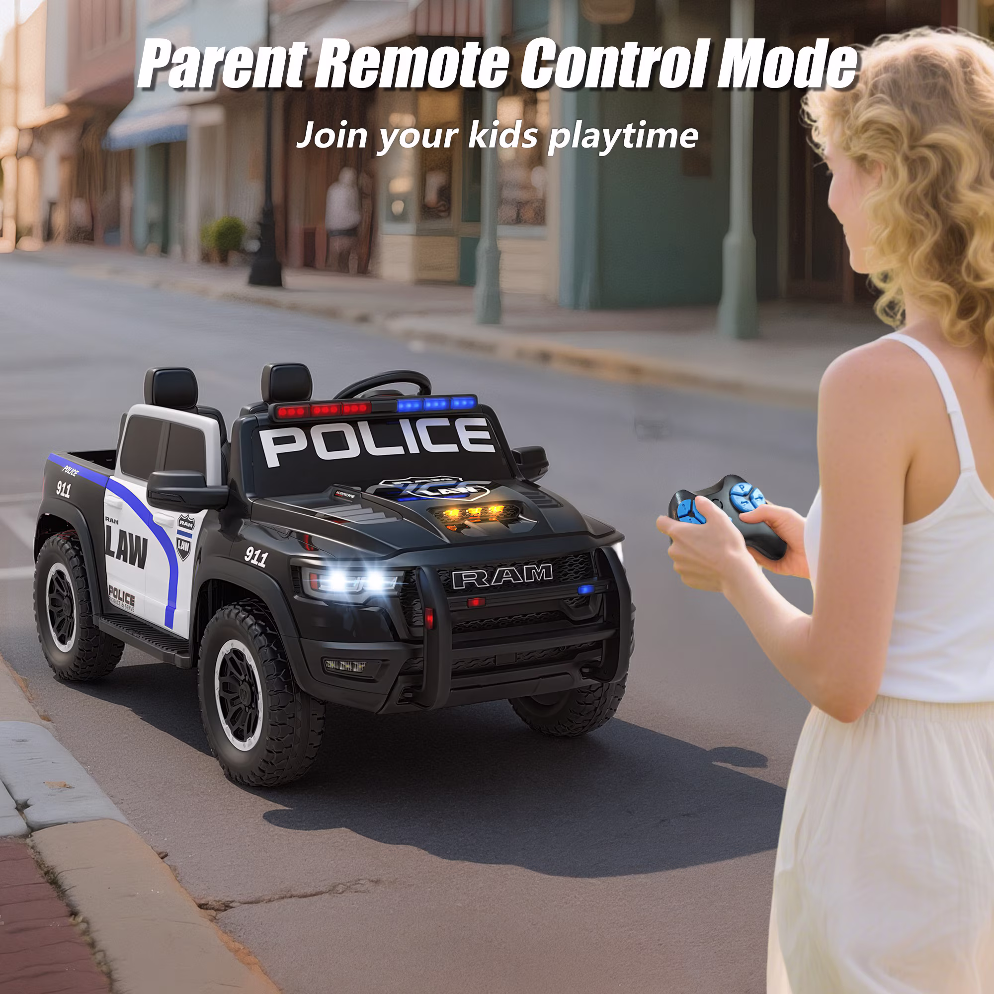 iYofe 24V 2 Seater Ram Powered Ride on Police Car with Remote Control and Bluetooth, Ram 1500 RHO Electric Car for Kids Toddlers 3-8, Black - Image 4