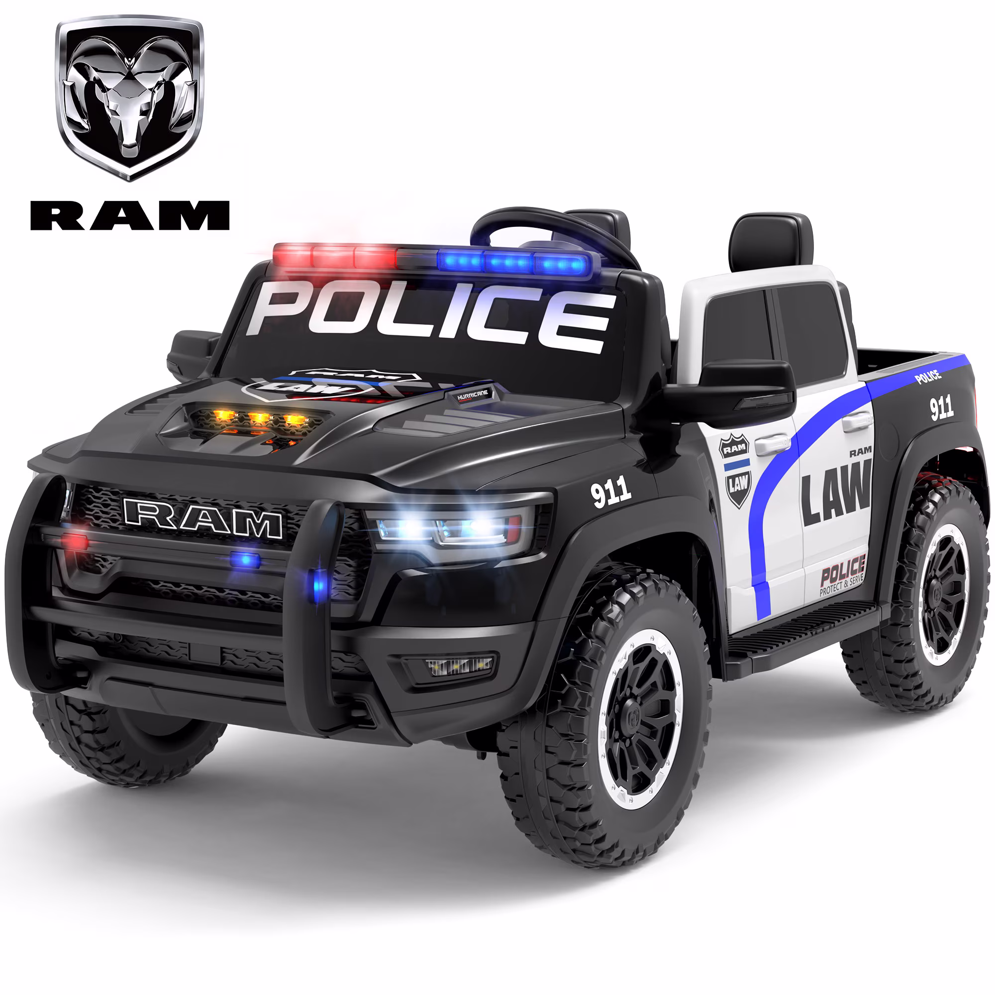 iYofe 24V 2 Seater Ram Powered Ride on Police Car with Remote Control and Bluetooth, Ram 1500 RHO Electric Car for Kids Toddlers 3-8, Black
