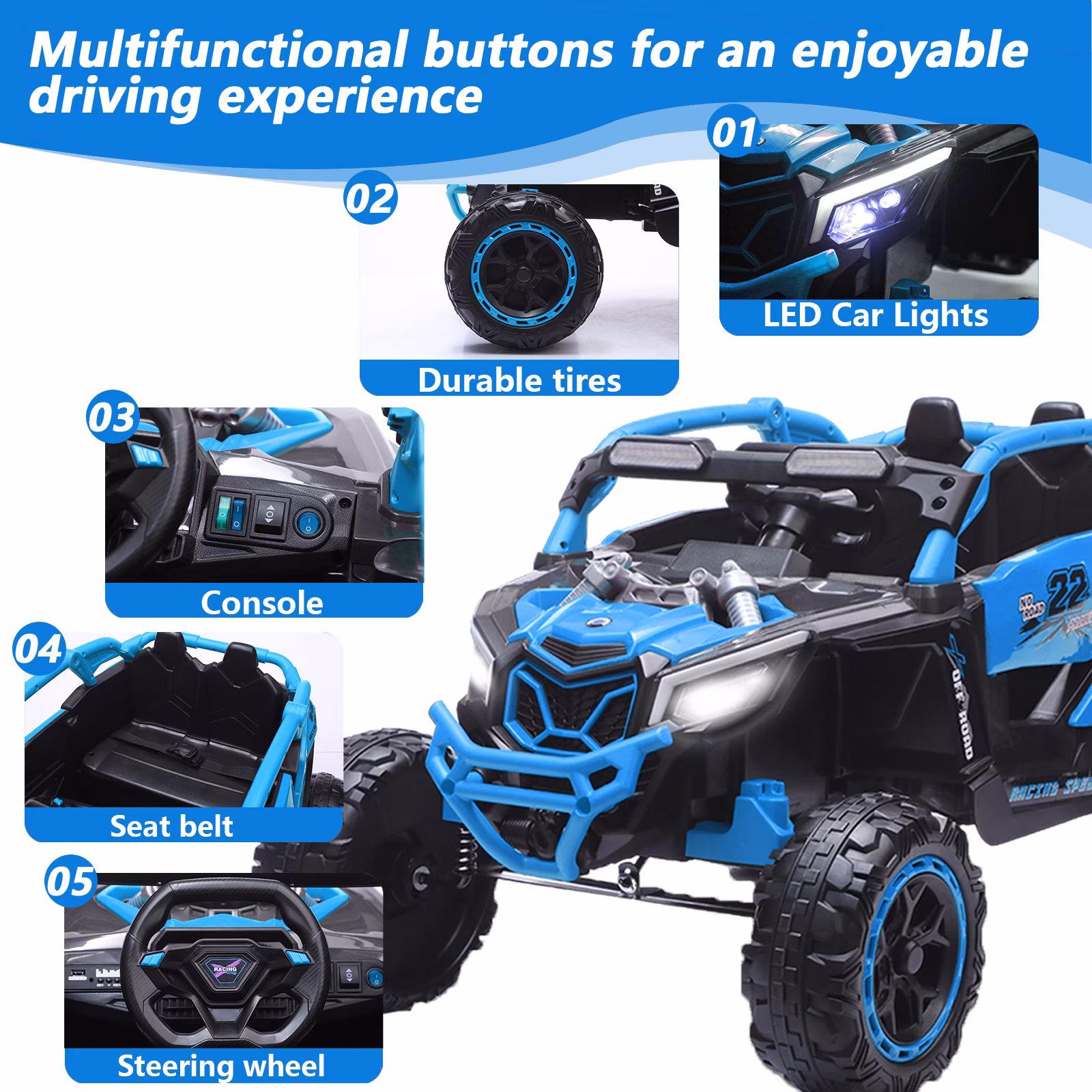 iYofe 24V Ride on Toys for Big Kids, 2 Seater Kids Electric Car W/Parent Remote, 4 Wheeler Suspension, Bluetooth, Music, Led Light, Kids' Electric Vehicles for Girls Boys 4-8, Blue, Battery Powered - Image 2