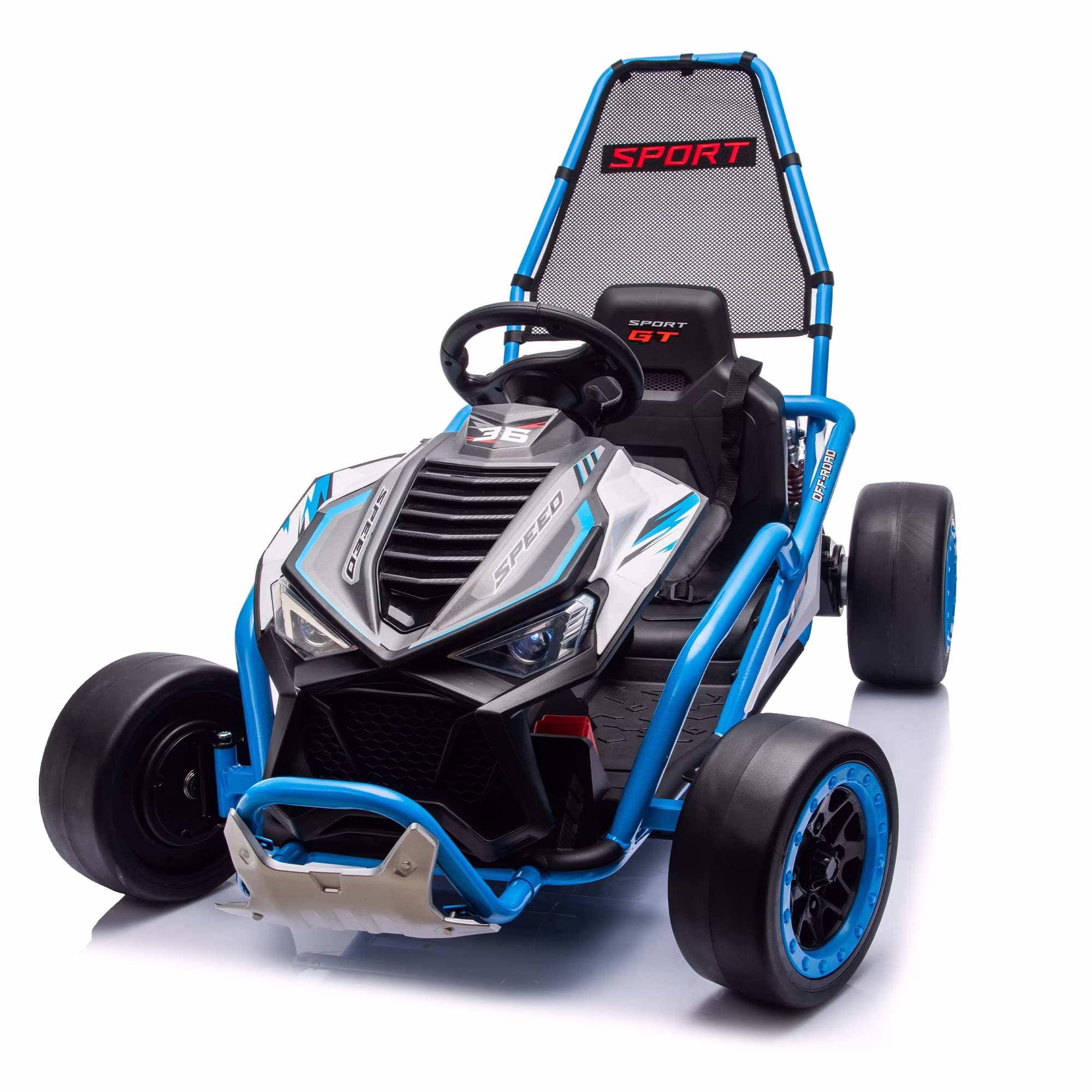 iYofe 24v Ride on Toys for Big Kids, 400w 7.5 Mph Electric Go Kart W/Front Eva Wheel, Music & Lights, Suspension, Bluetooth, 5 Point Harness, Kids Electric Car Blue