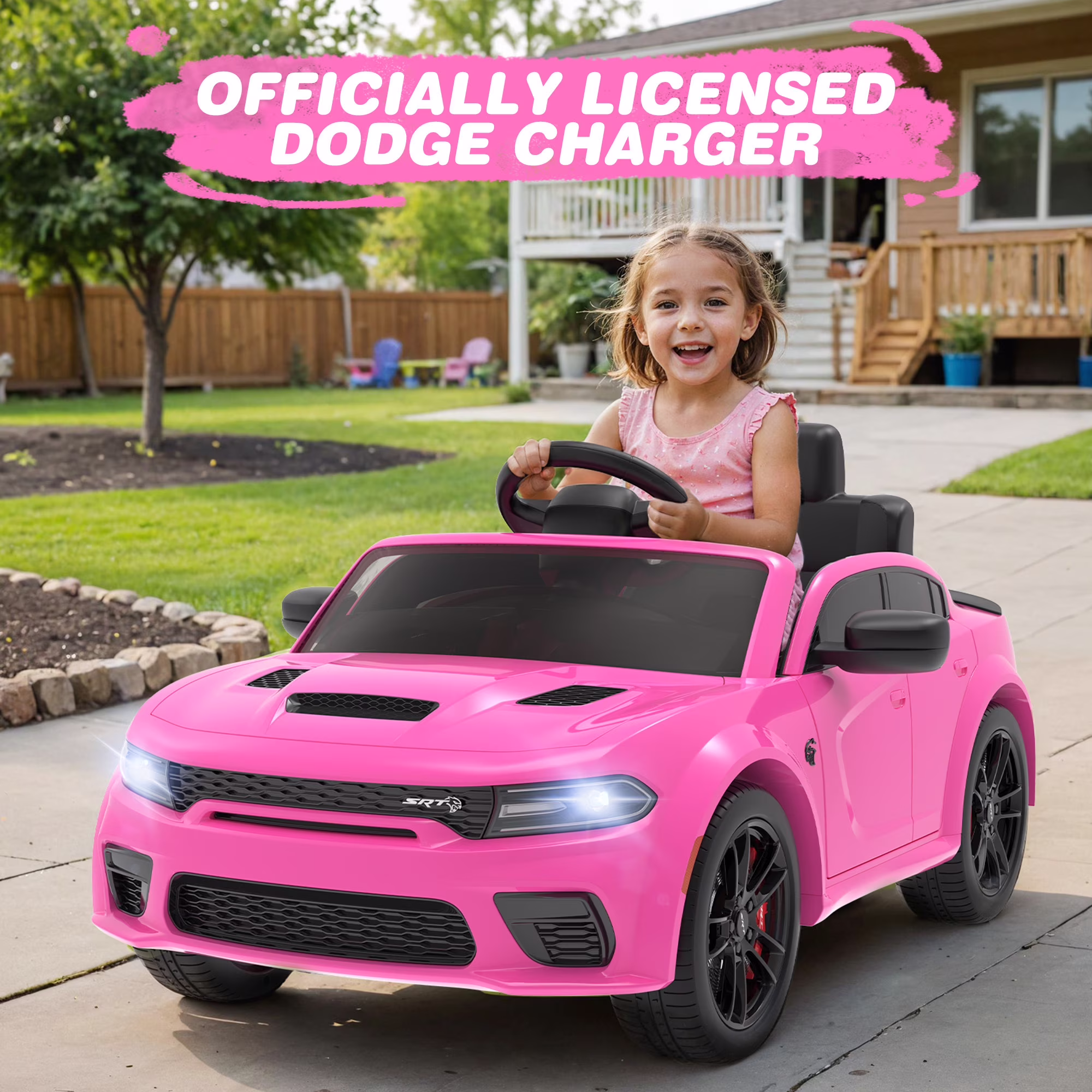 iYofe Dodge Electric Ride on Cars for Kids, 12V Licensed Dodge Charger Srt Hellcat Powered Ride on Toy with Parent Remote Control, Electric Car for Girl 3-5 w/Music Player/LED Light/Safety Belt, Pink - Image 5