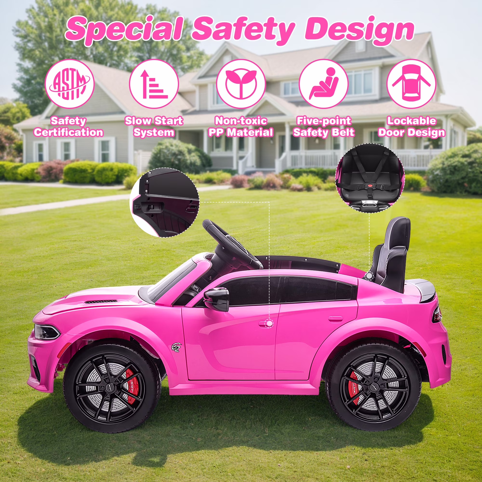 iYofe Dodge Electric Ride on Cars for Kids, 12V Licensed Dodge Charger Srt Hellcat Powered Ride on Toy with Parent Remote Control, Electric Car for Girl 3-5 w/Music Player/LED Light/Safety Belt, Pink - Image 2