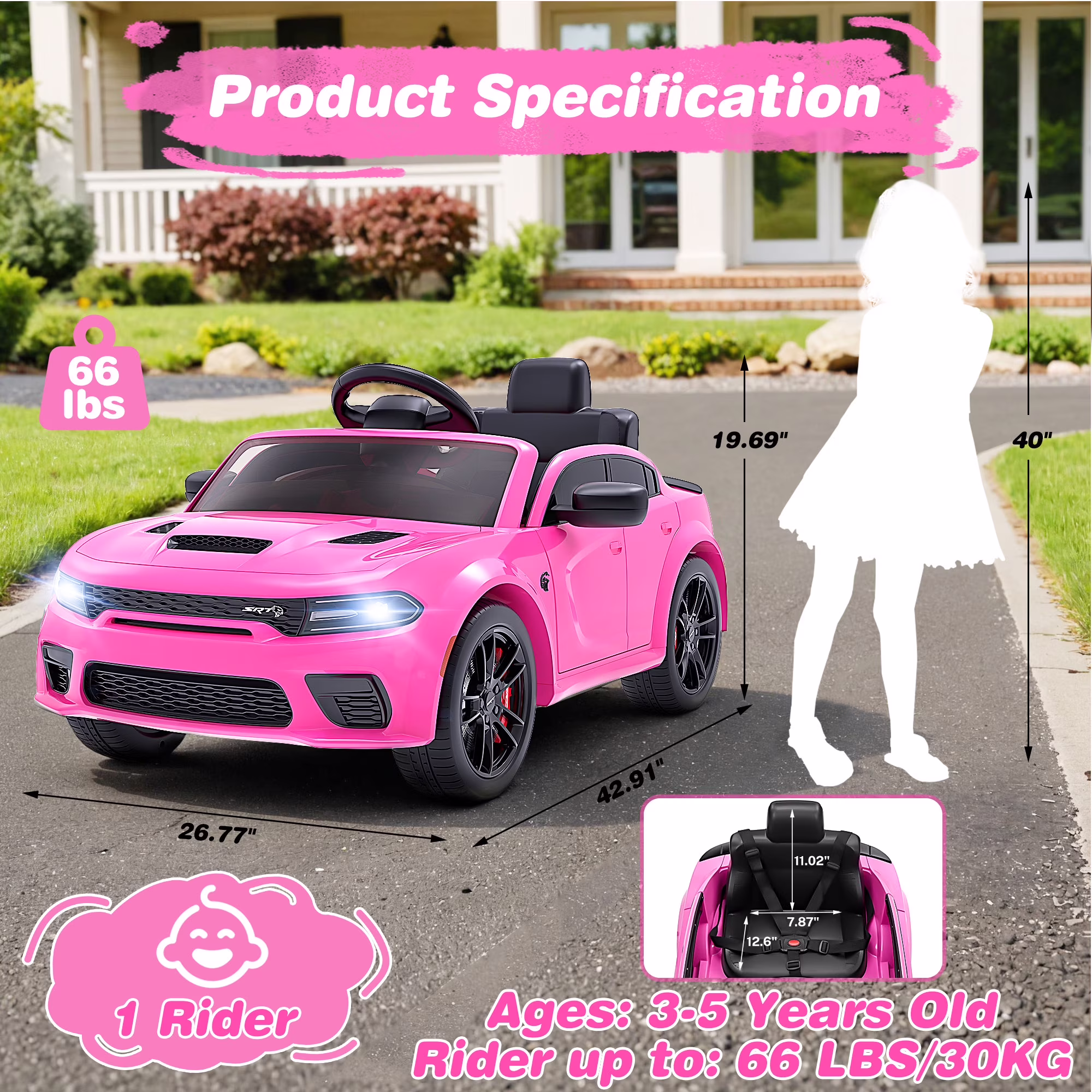 iYofe Dodge Electric Ride on Cars for Kids, 12V Licensed Dodge Charger Srt Hellcat Powered Ride on Toy with Parent Remote Control, Electric Car for Girl 3-5 w/Music Player/LED Light/Safety Belt, Pink - Image 4