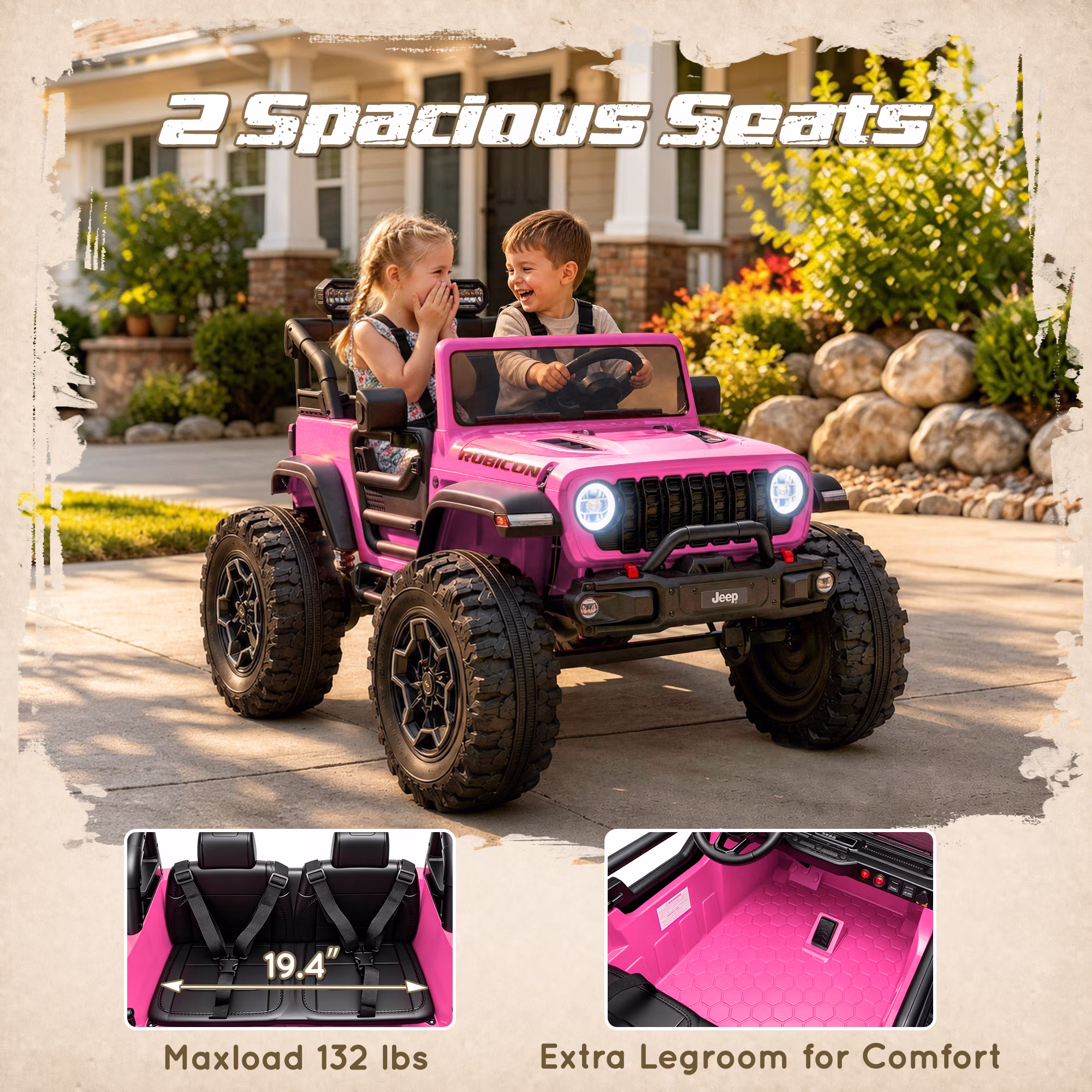 iYofe Jeep Wrangler Rubicon 24V 2 Seater Powered Ride on Car with Remote and Bluetooth, 4 Wheel Electric Car for Kids Toddlers Ages 3-8, Pink - Image 3