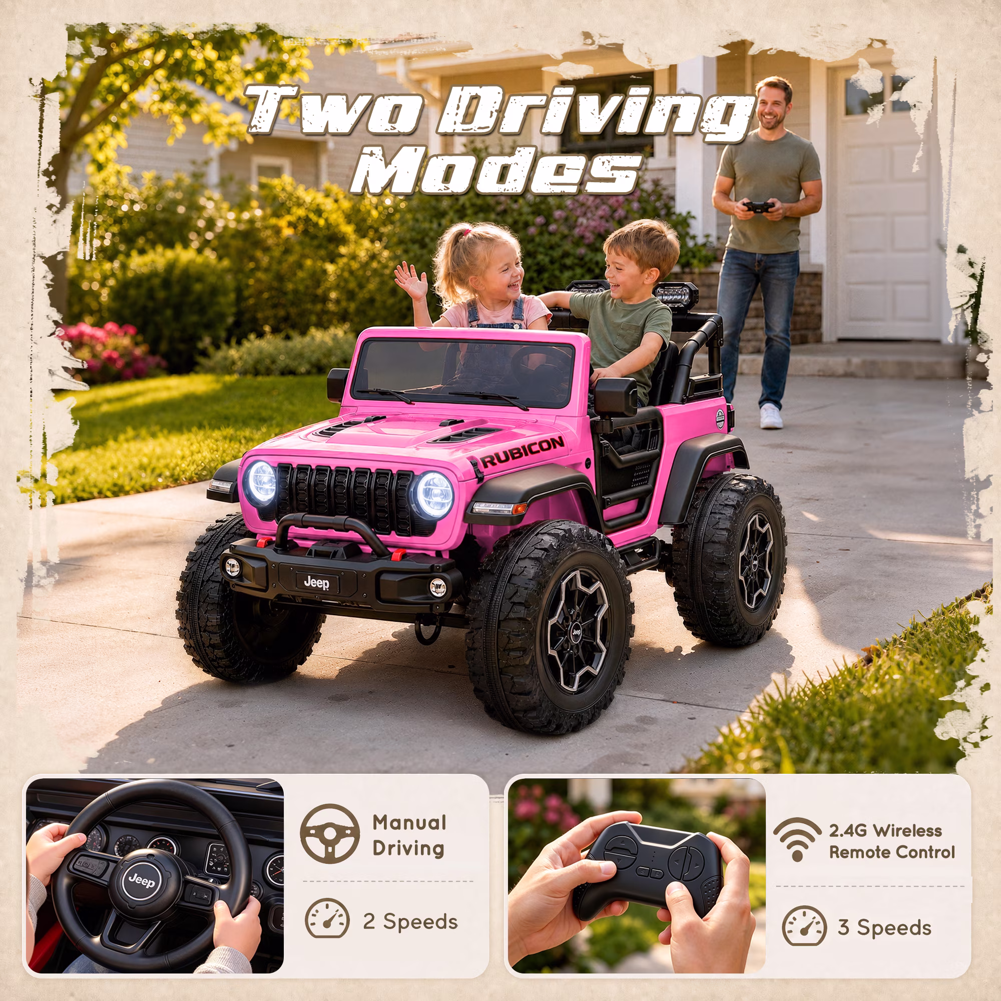 iYofe Jeep Wrangler Rubicon 24V 2 Seater Powered Ride on Car with Remote and Bluetooth, 4 Wheel Electric Car for Kids Toddlers Ages 3-8, Pink - Image 4