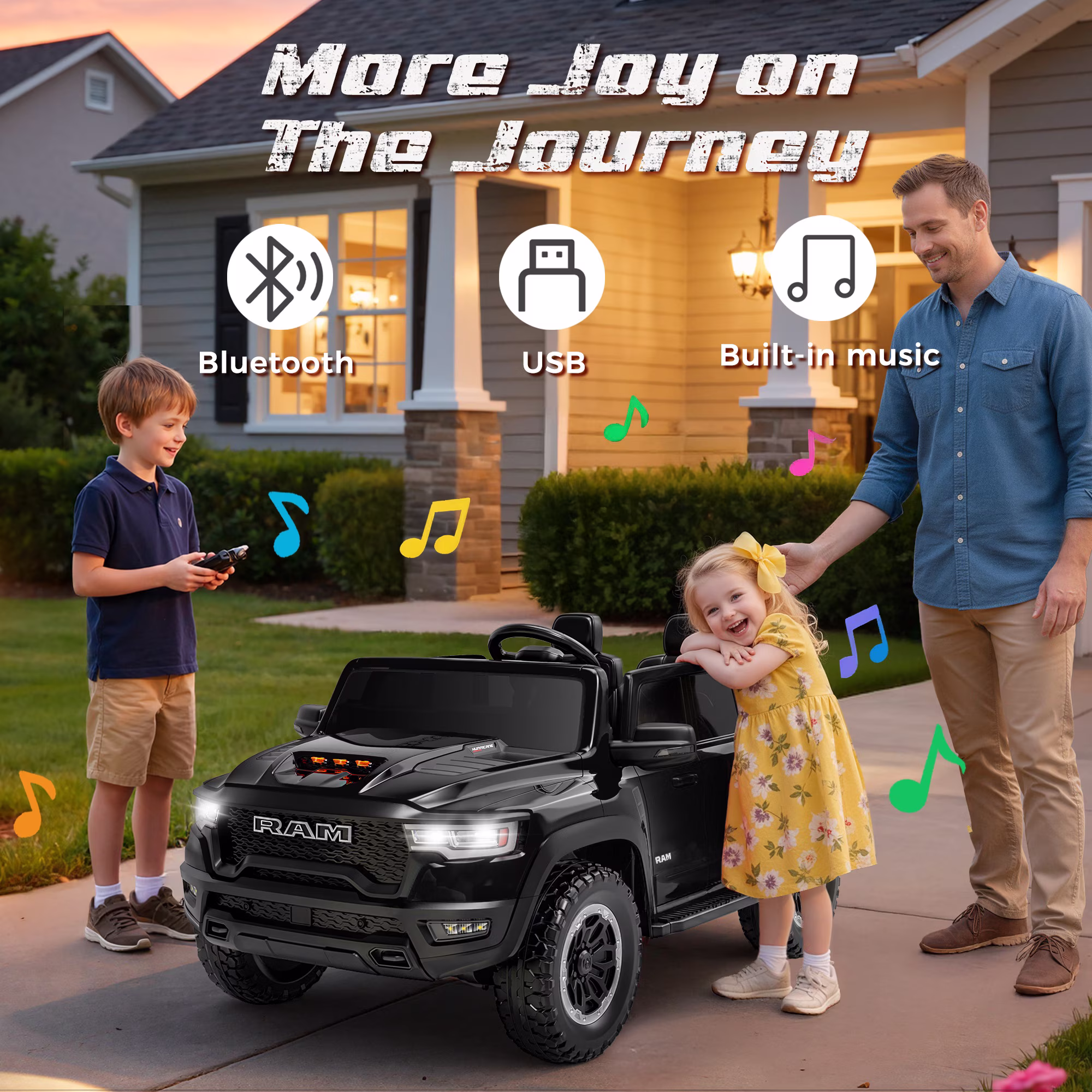iYofe Ram 1500 RHO 24V 2 Seater Powered Ride on Toy Truck with Remote and Bluetooth, 4 Wheel Electric Car for Kids Toddlers Ages 3-8, Black - Image 4