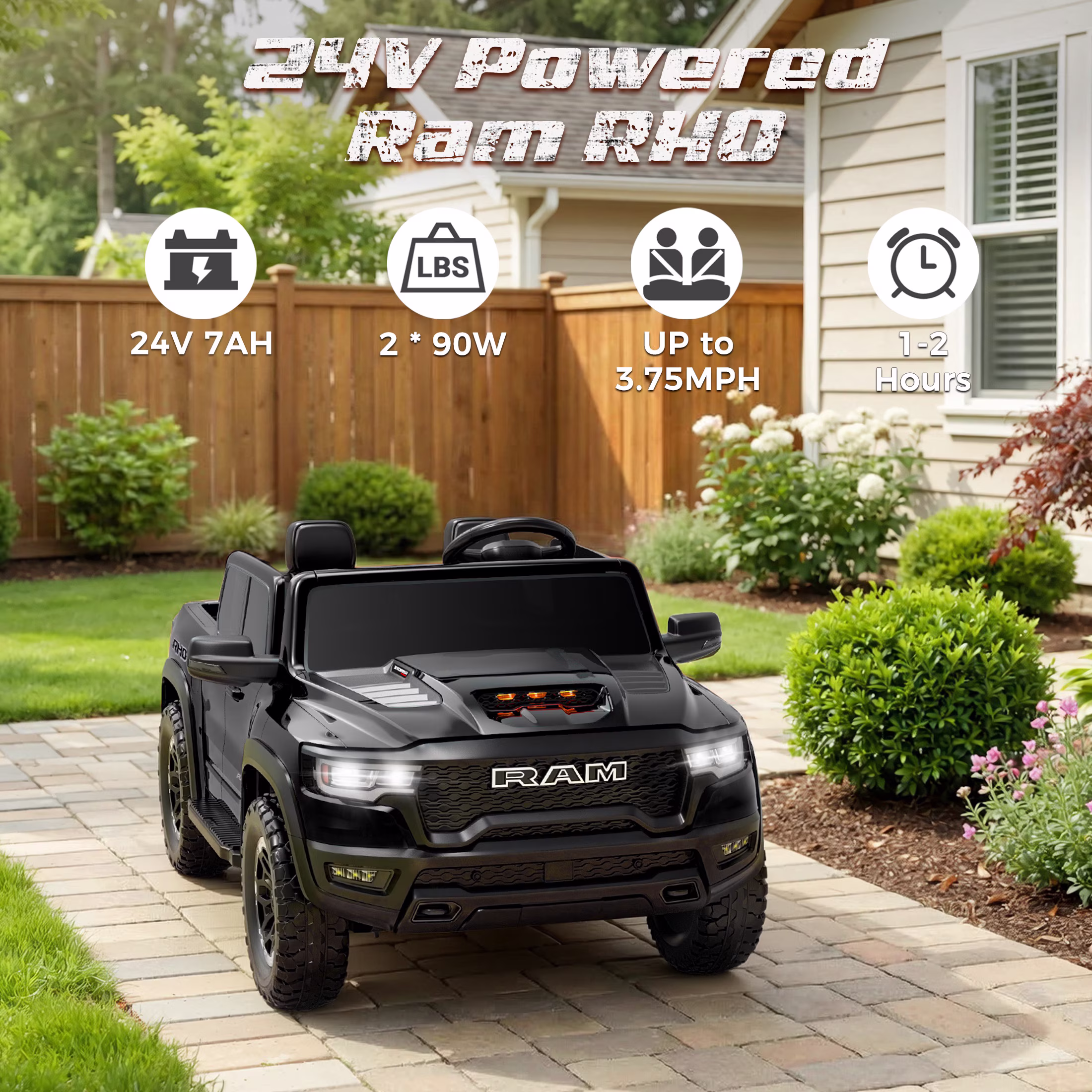iYofe Ram 1500 RHO 24V 2 Seater Powered Ride on Toy Truck with Remote and Bluetooth, 4 Wheel Electric Car for Kids Toddlers Ages 3-8, Black - Image 5