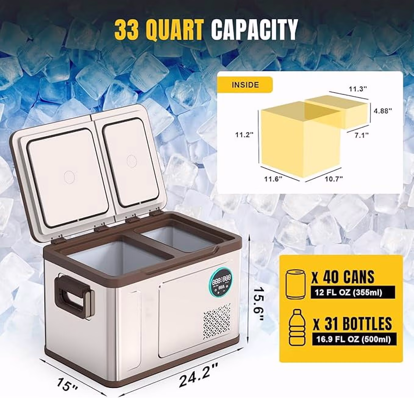 JACK BOSS Portable Car Refrigerator 33 Quart, Portable Freezer Dual Zone Electric Cooler for Outdoor Camping Travel,12/24V DC 110~240 Volt AC Refrigerator for Truck RV Home Office,-4℉-68℉ - Image 4