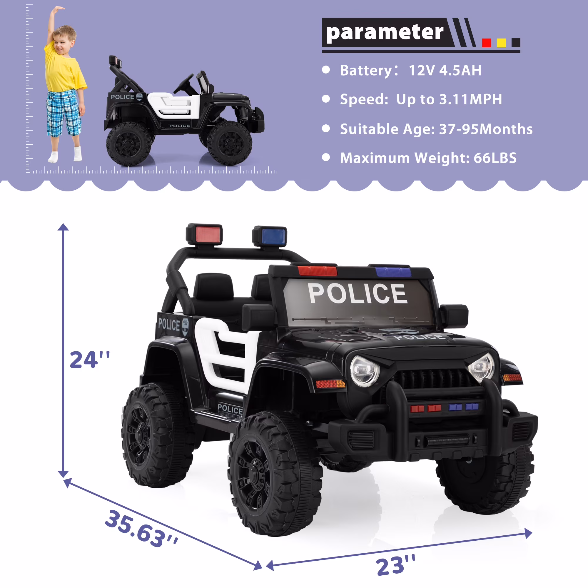 Jaxpety 12V Ride On Police Car for Girls & Boys, Battery Powered Police Jeep Cop Cars with 2.4G Remote Control,Music, Headlights, MP3 Player and Power Display,Black - Image 2
