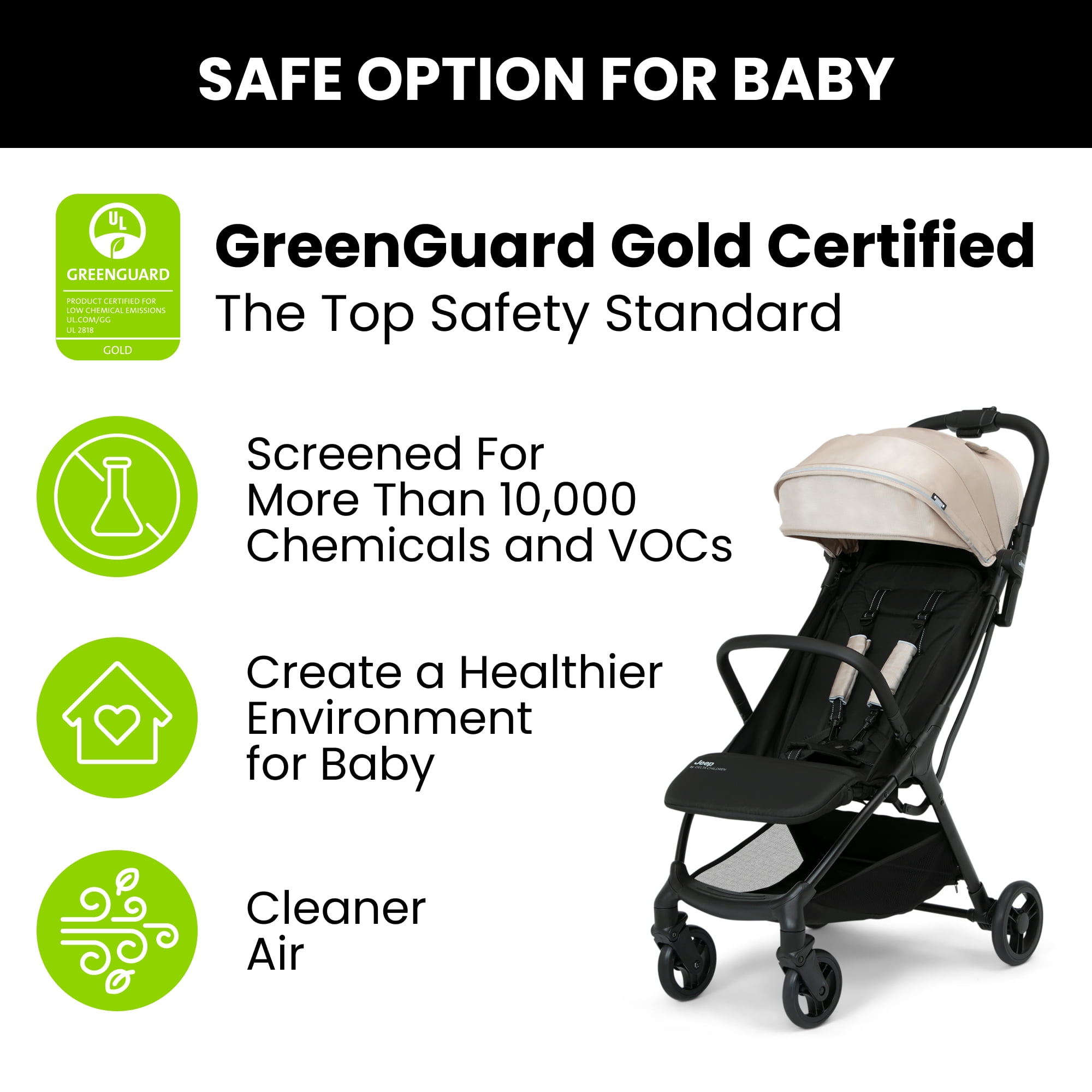 Jeep Altitude Compact Travel Stroller by Delta Children – Greenguard Gold Certified, Easy One Hand Fold, Lightweight, Extendable Canopy with Peek-a-Boo Window, 4 Wheel Suspension, Tan - Image 2