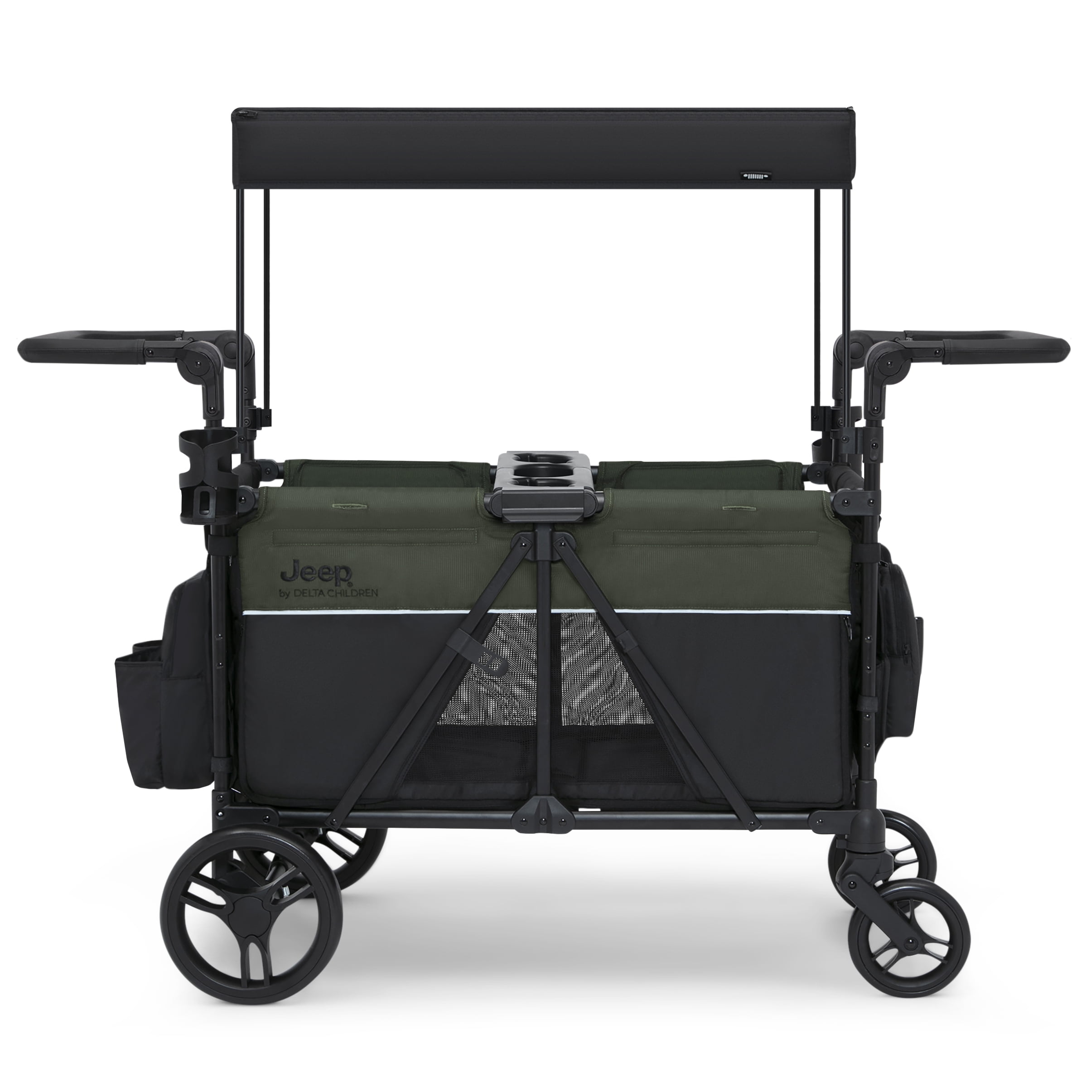 Jeep Aries Stroller Wagon by Delta Children - Premium Wagon for 2 Kids with Convertible Seats, Adjustable Push/Pull Handles, Removable Canopy & Flat Fold - Greenguard Gold Certified, Black/Green - Image 2