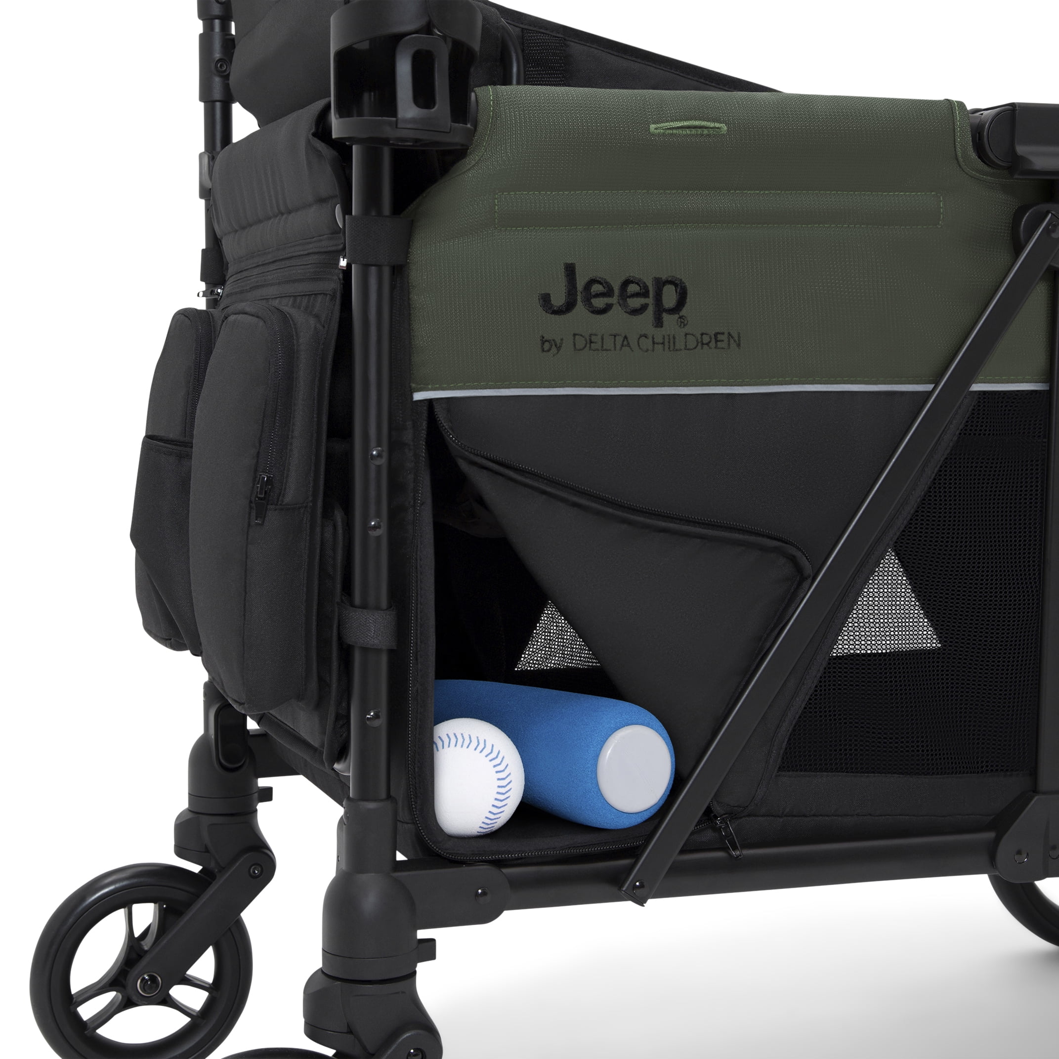 Jeep Aries Stroller Wagon by Delta Children - Premium Wagon for 2 Kids with Convertible Seats, Adjustable Push/Pull Handles, Removable Canopy & Flat Fold - Greenguard Gold Certified, Black/Green - Image 5