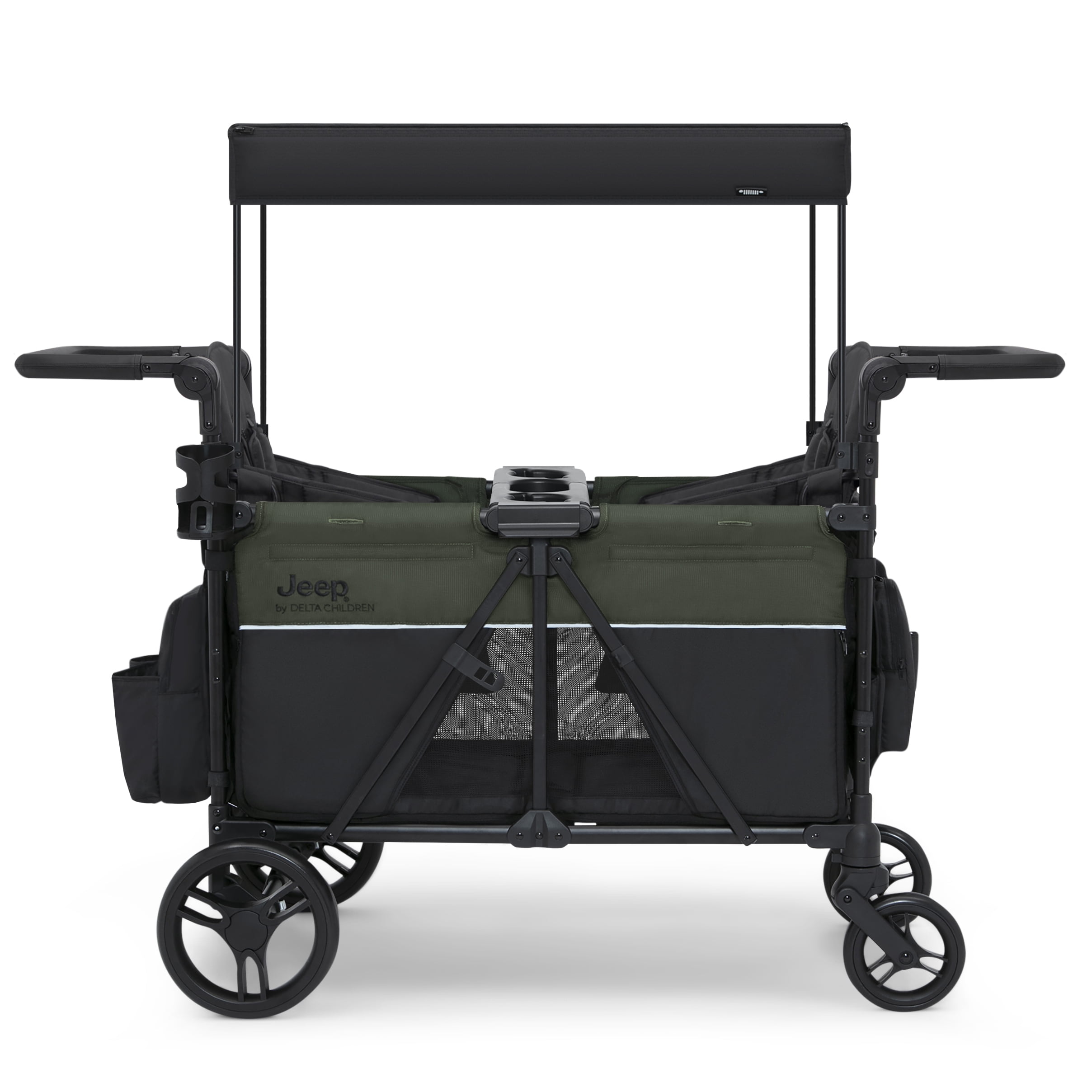 Jeep Aries Stroller Wagon by Delta Children - Premium Wagon for 2 Kids with Convertible Seats, Adjustable Push/Pull Handles, Removable Canopy & Flat Fold - Greenguard Gold Certified, Black/Green - Image 3