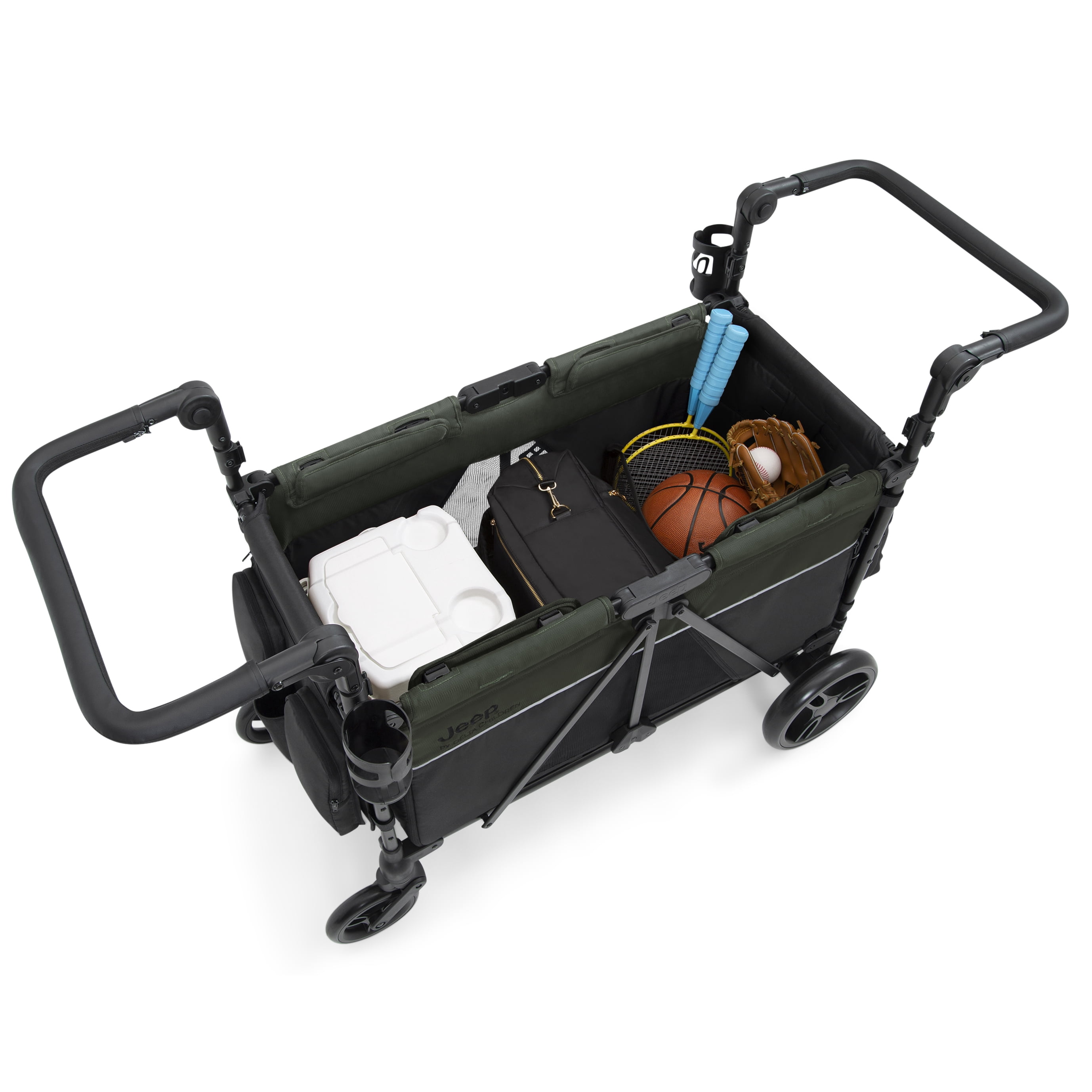 Jeep Aries Stroller Wagon by Delta Children - Premium Wagon for 2 Kids with Convertible Seats, Adjustable Push/Pull Handles, Removable Canopy & Flat Fold - Greenguard Gold Certified, Black/Green - Image 4