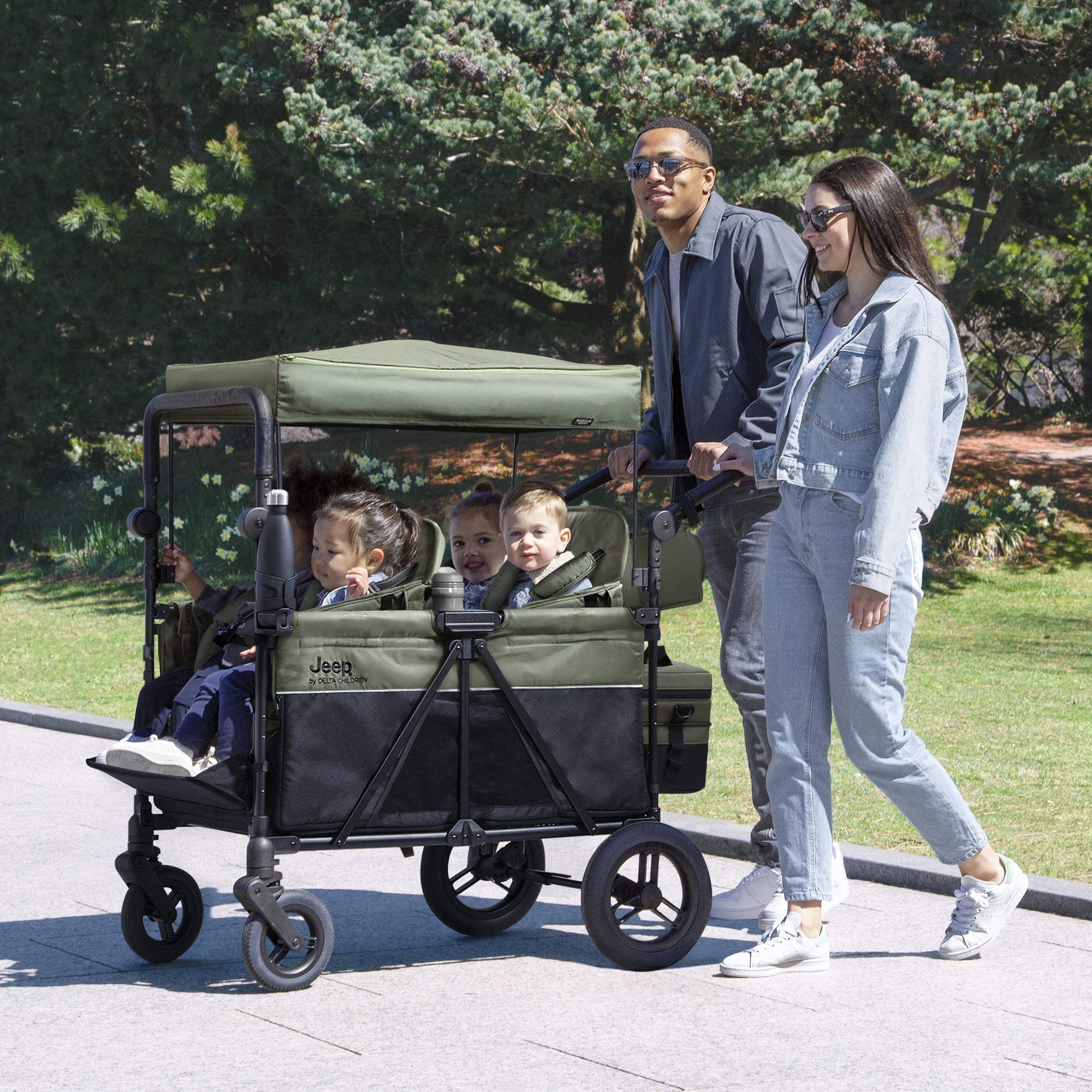 Jeep Wrangler Deluxe 4 Seater Stroller Wagon by Delta Children - Premium Quad Stroller Wagon for 4 Kids with Convertible Seats, Adjustable Push/Pull Handles, Removable Canopy & Flat Fold, Black/Green - Image 2