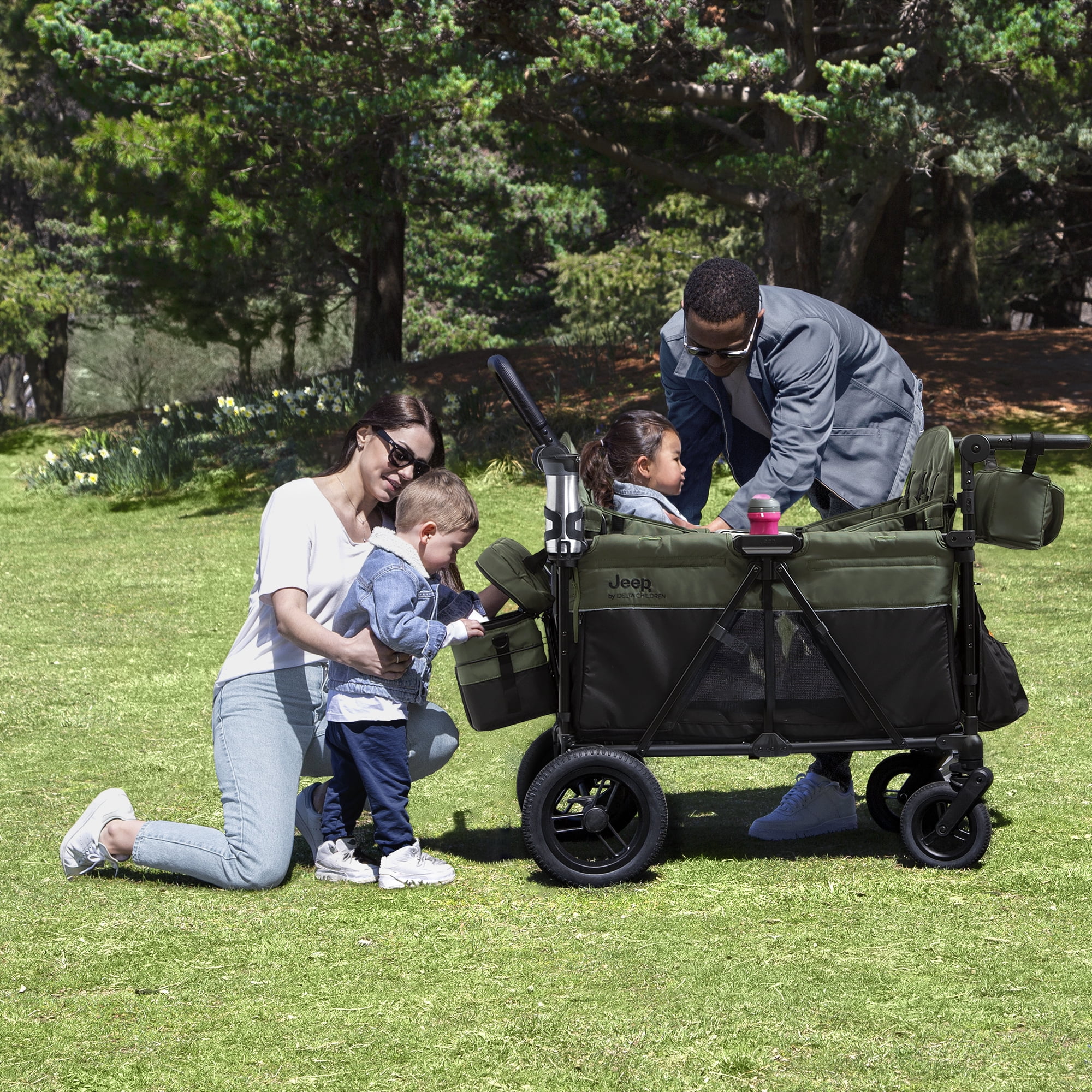 Jeep Wrangler Deluxe 4 Seater Stroller Wagon by Delta Children - Premium Quad Stroller Wagon for 4 Kids with Convertible Seats, Adjustable Push/Pull Handles, Removable Canopy & Flat Fold, Black/Green - Image 3