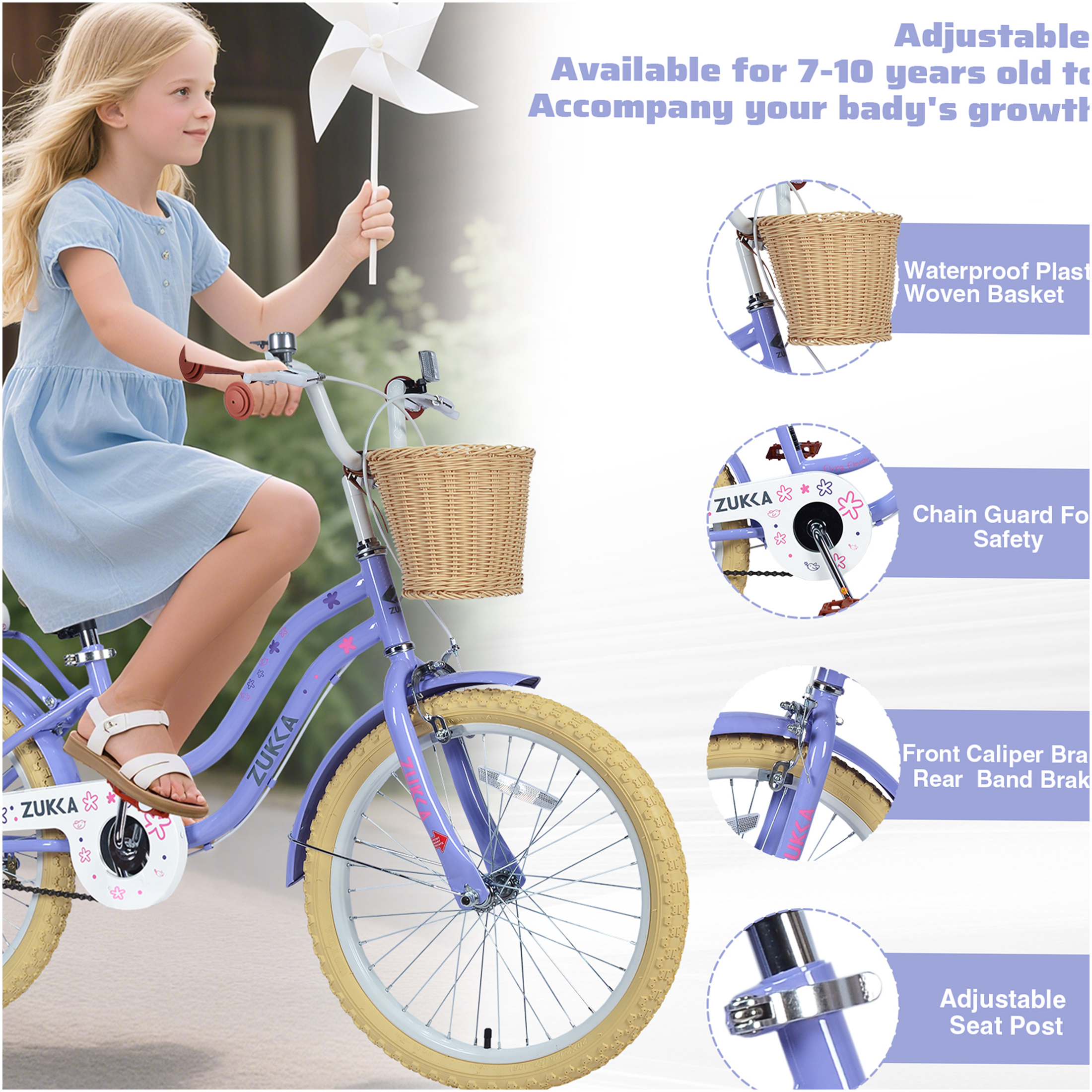 JERFIT 20 inch Girls Bike for 7-10 Years Old, Purple Kids Bicycle with Front Basket, Carbon Steel Frame, Single Speed, No Training Wheels - Image 4