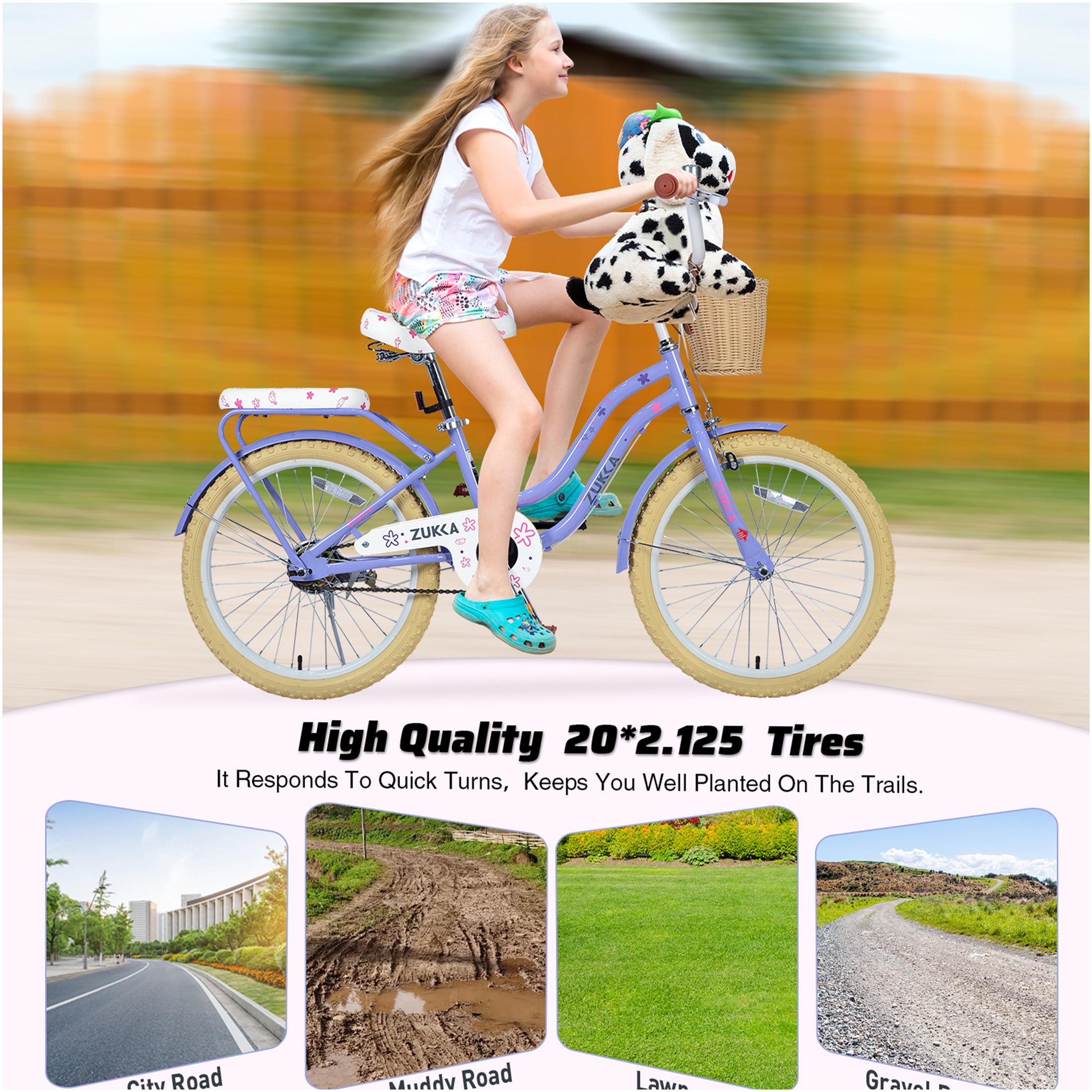 JERFIT 20 inch Girls Bike for 7-10 Years Old, Purple Kids Bicycle with Front Basket, Carbon Steel Frame, Single Speed, No Training Wheels - Image 5