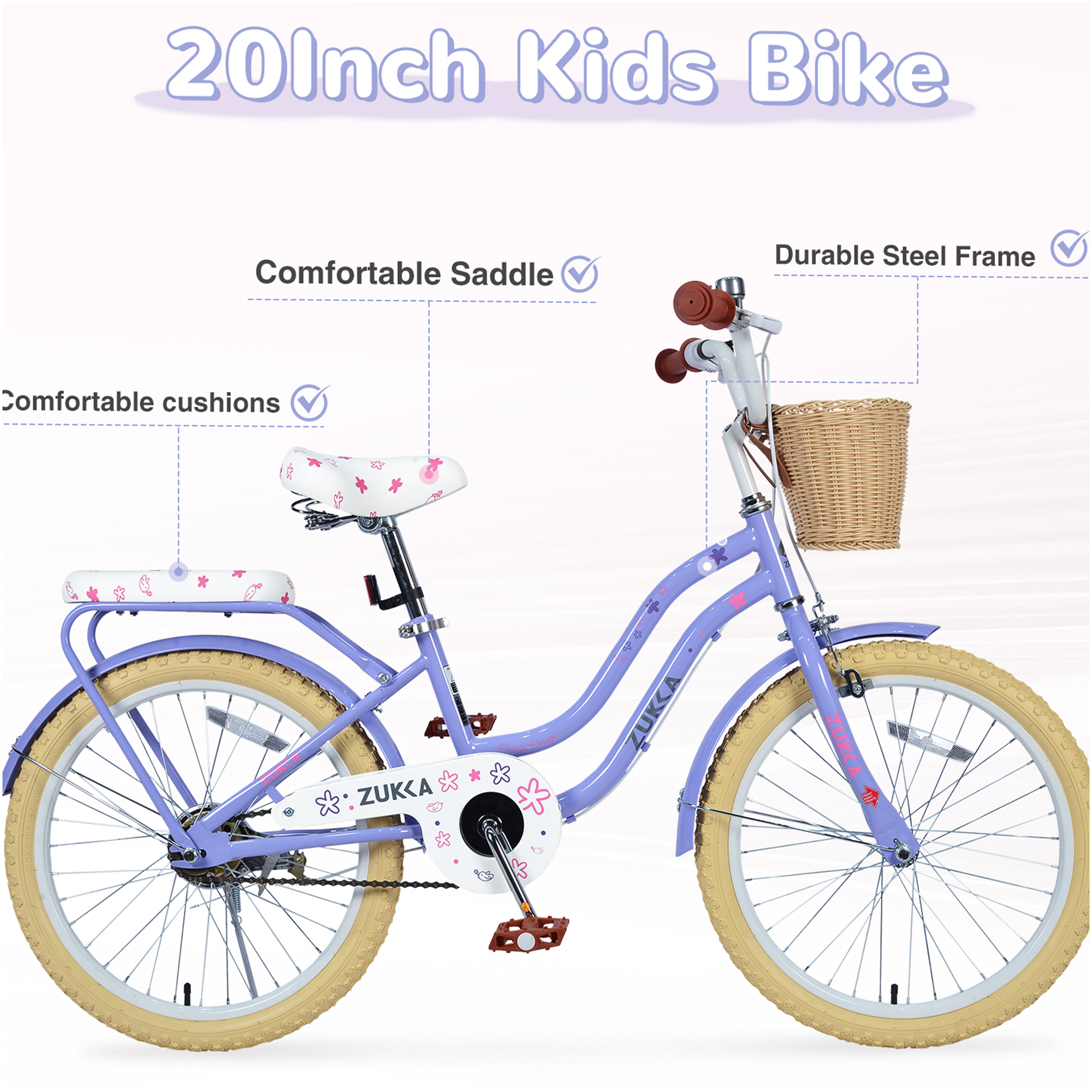JERFIT 20 inch Girls Bike for 7-10 Years Old, Purple Kids Bicycle with Front Basket, Carbon Steel Frame, Single Speed, No Training Wheels - Image 3