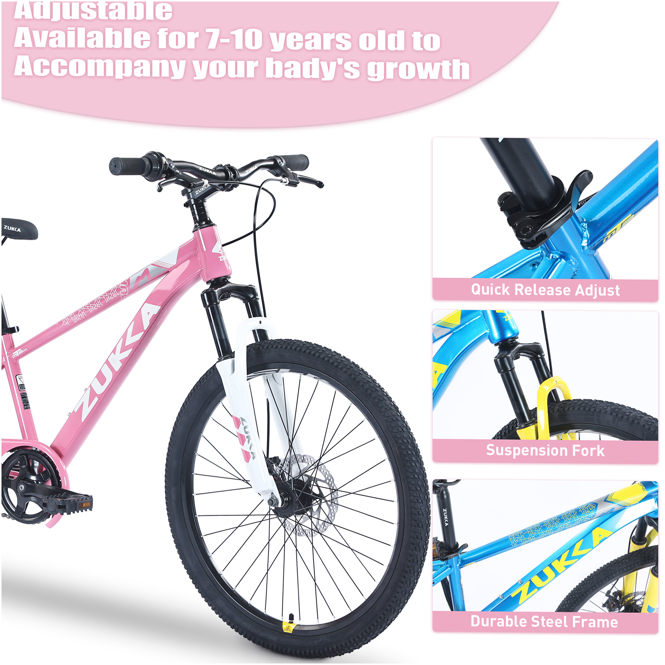 JERFIT 20 Inch Kids Mountain Bike for Boys Girls Age 7-10, Steel Frame with Front Suspension Fork, White and Pink MTB - Image 4