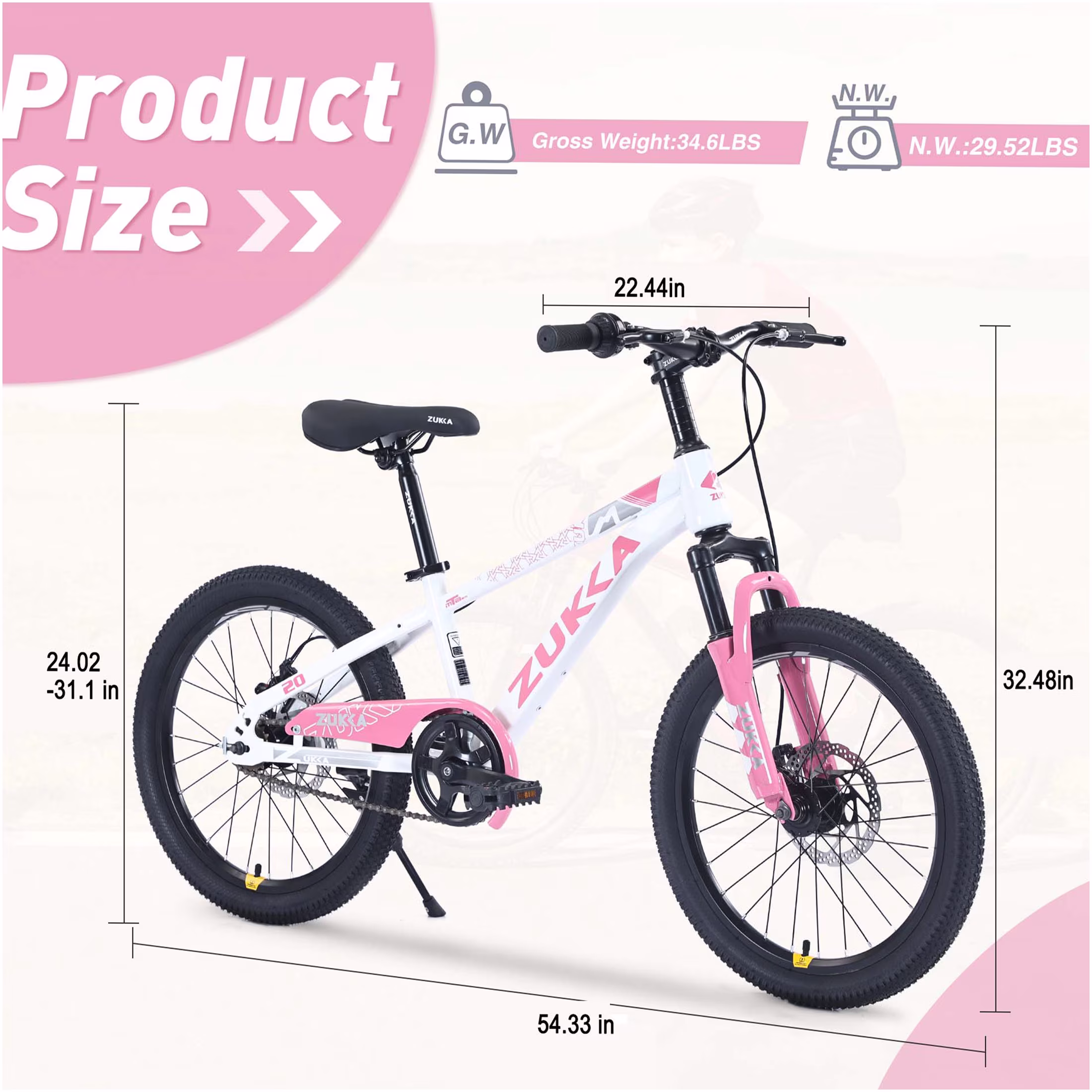 JERFIT 20 Inch Kids Mountain Bike for Boys Girls Age 7-10, Steel Frame with Front Suspension Fork, White and Pink MTB - Image 2