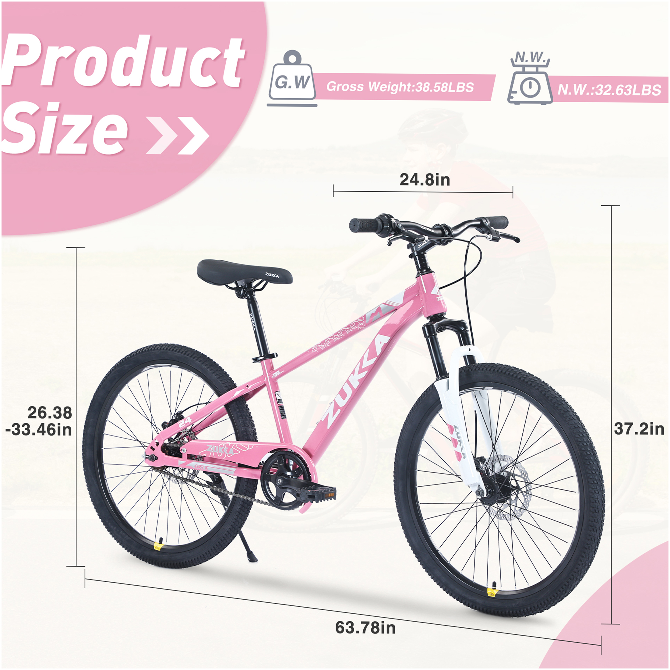 JERFIT 24 Inch Kids Mountain Bike for Boys Girls 9-12 Years, Steel Frame, Front Suspension Fork, Pink - Image 5