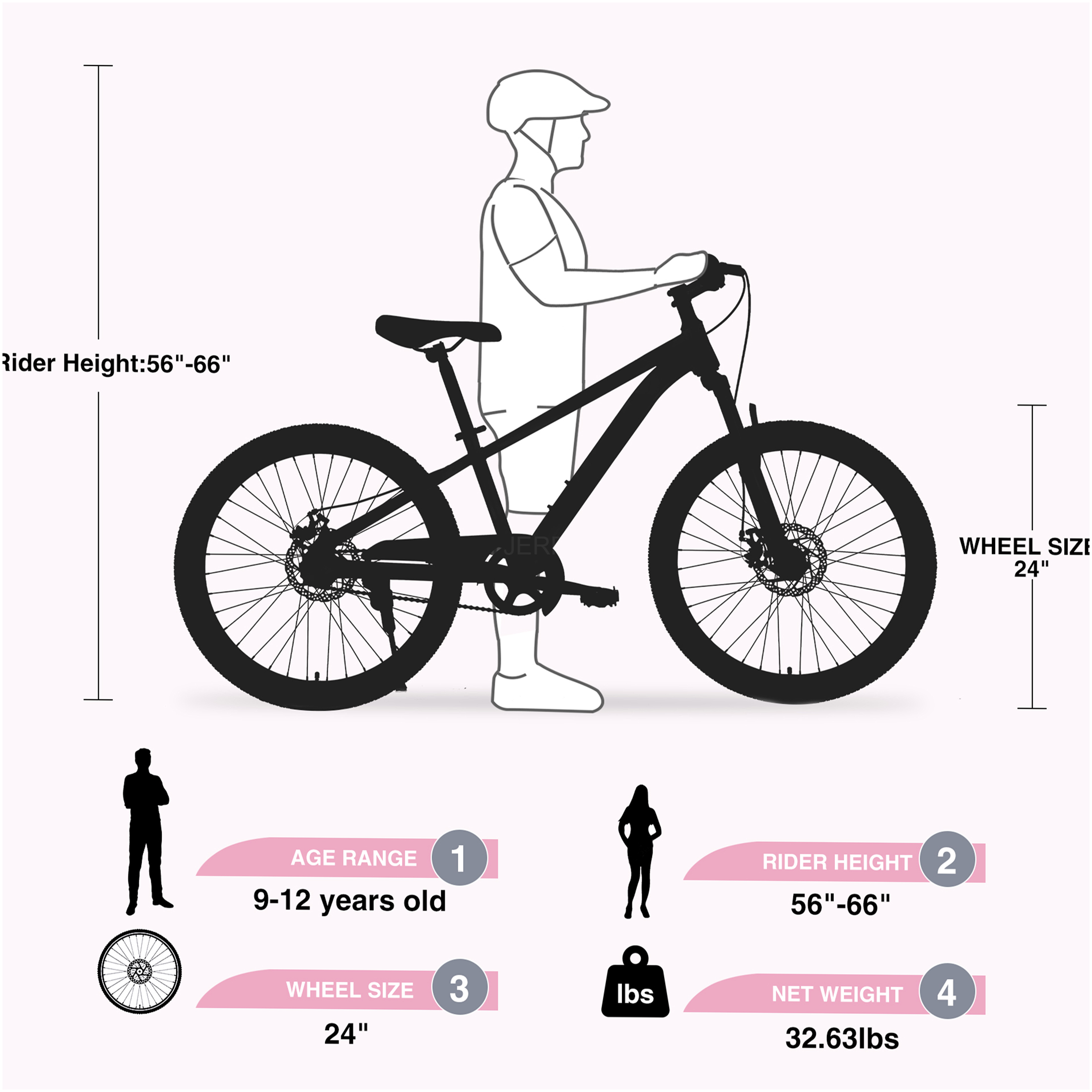 JERFIT 24 Inch Kids Mountain Bike for Boys Girls 9-12 Years, Steel Frame, Front Suspension Fork, Pink - Image 4